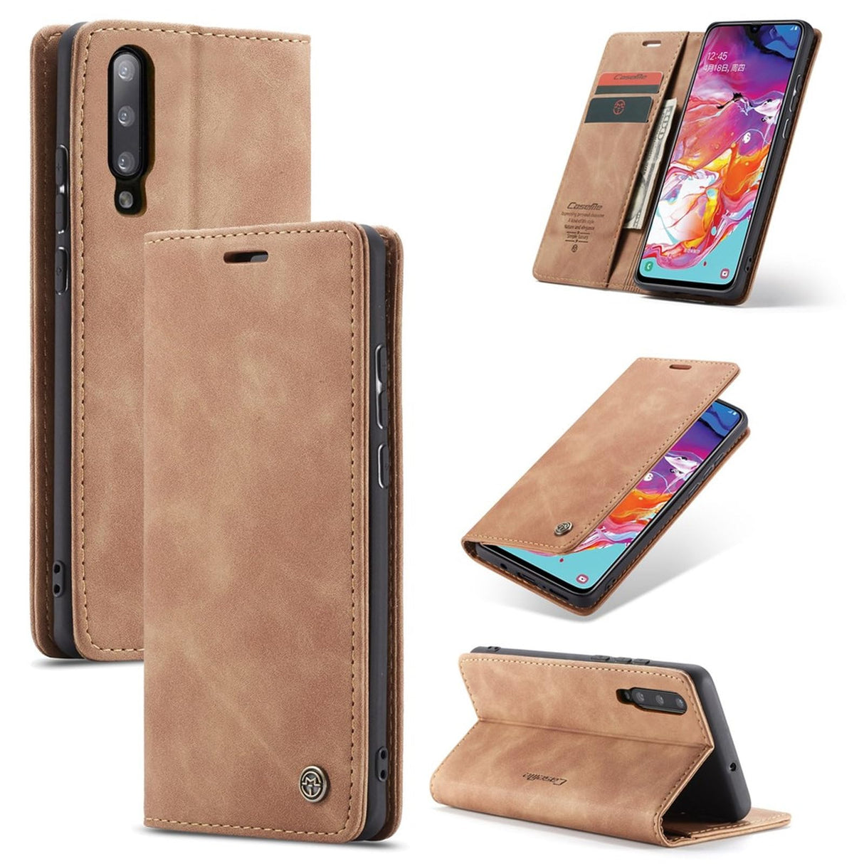 جراب محفظة جلدي من UniqCase مزود بحامل وممتص تلقائيًا لهاتف Samsung Galaxy A70 - بني
