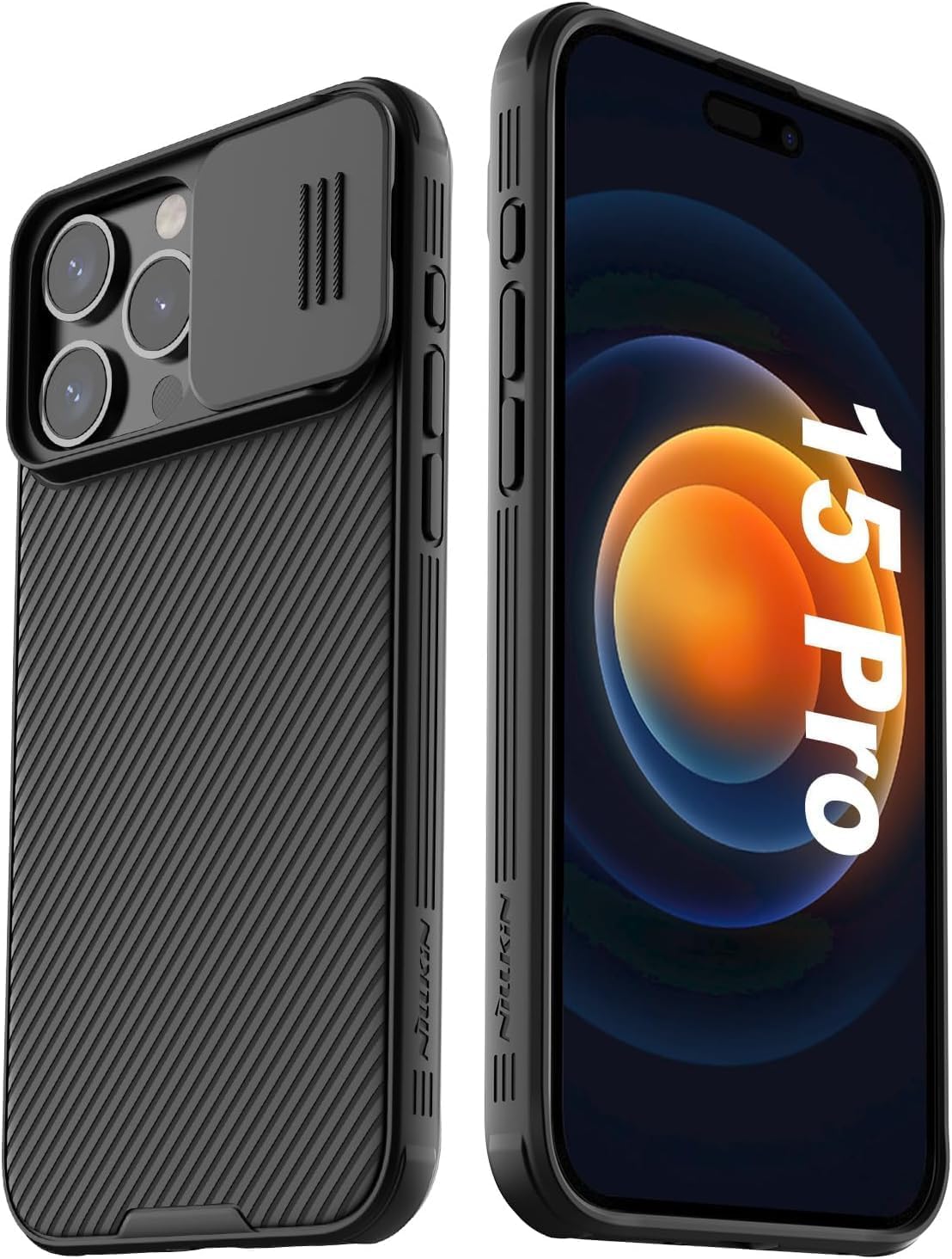 جراب AWH لهاتف iPhone 15 Pro Camshield مع حماية منزلق لعدسة الكاميرا - غطاء خلفي من البولي كربونات وإطار ممتص للصدمات من مادة TPU مضاد لبصمات الأصابع، جراب ناعم الملمس وحساس (أسود)