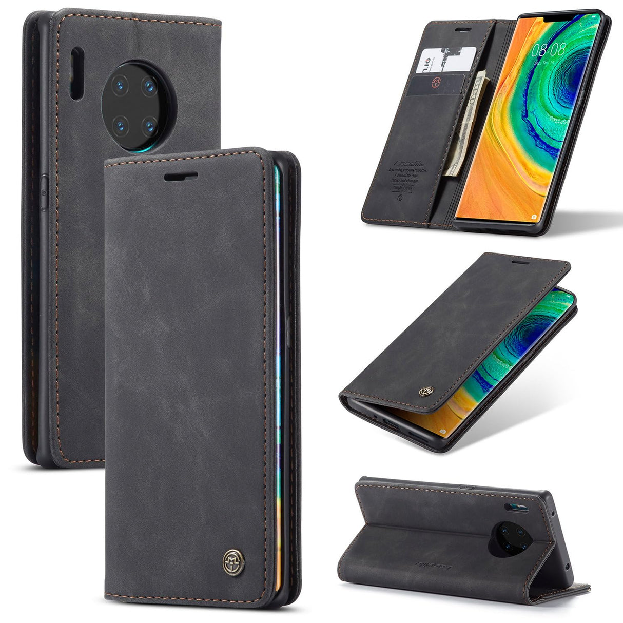 UniqCase لهاتف Huawei Mate 30 Pro 5G جراب واقٍ للبطاقات وغطاء هاتف جلدي - أسود
