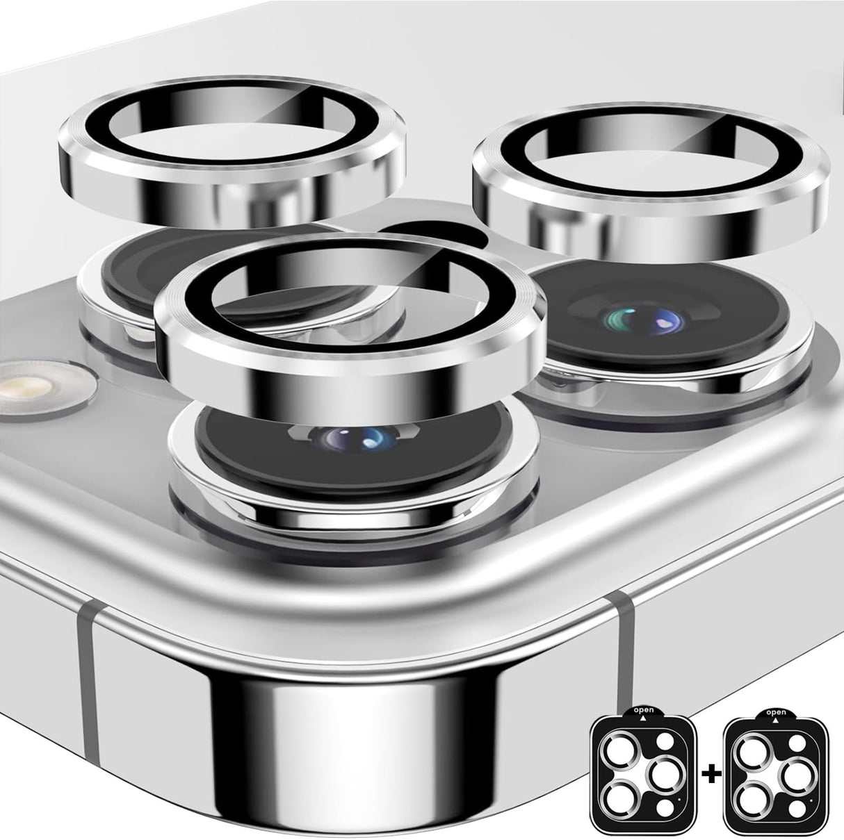 AFENGBOX 2 Pack Camera Lens Protector for iPhone 16 Pro/iPhone 16 Pro Max,9H Tempered Glass Scratch Resistant Metal Ring Camera Cover,Case Friendly Camera Screen Protector Accessories,Silver