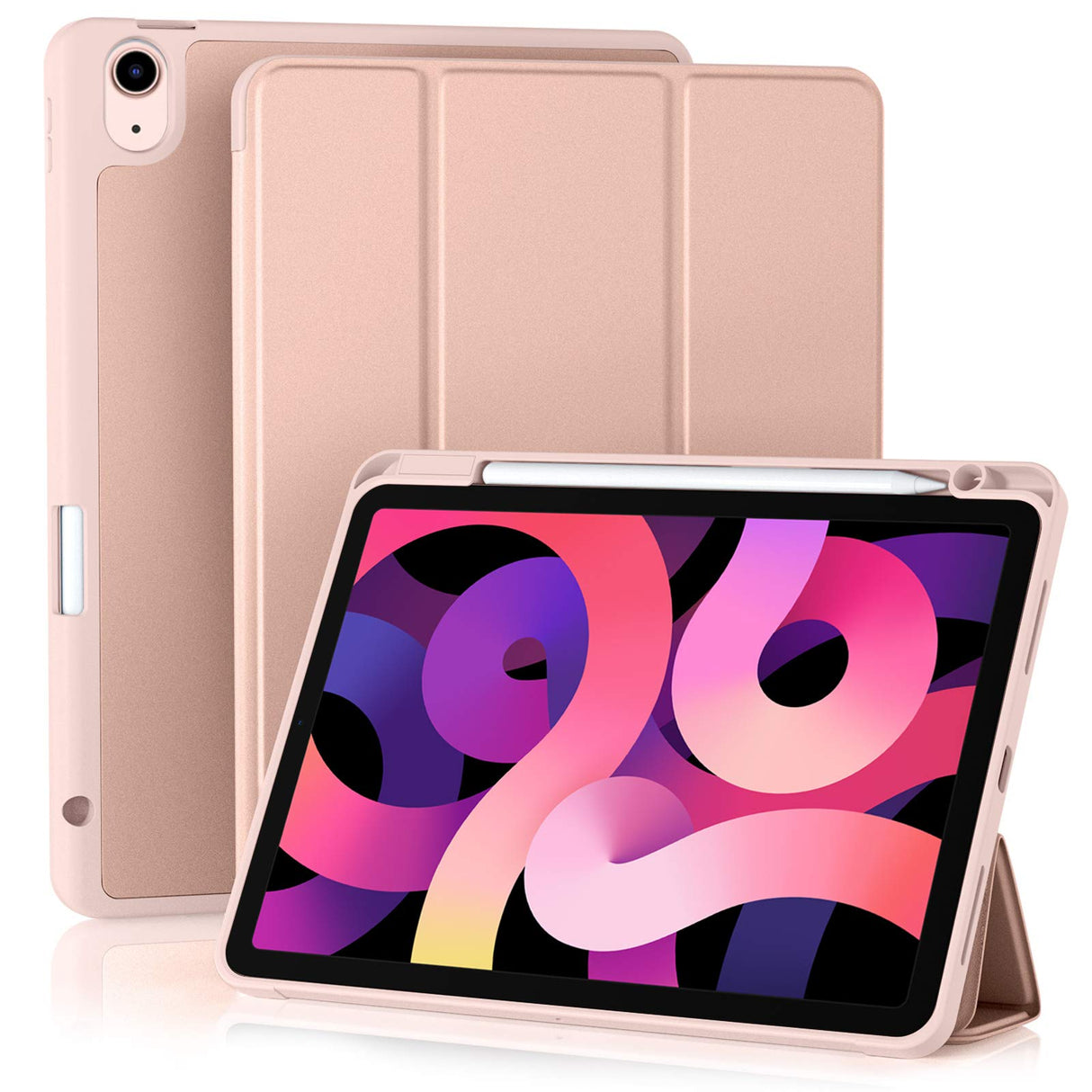 Akkerds Case Compatible for iPad Air 4 2020 10.9 Inch [Pencil Holder] [Auto Sleep/Wake Cover] Trifold Stand Smart Case with Soft TPU Back for iPad 10.9 Inch 2020 - Rose Pink