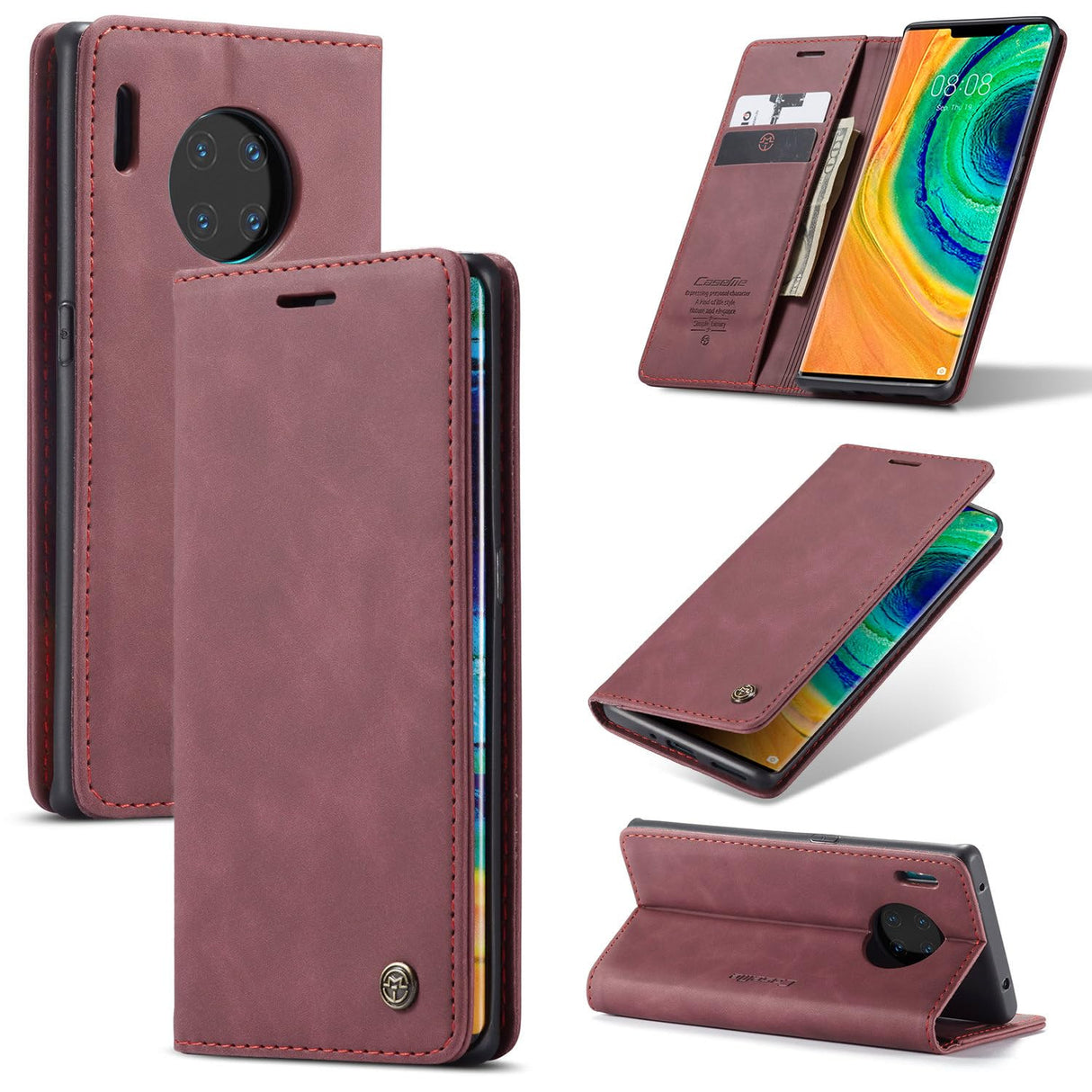 جراب UniqCase لهاتف Huawei Mate 30 Pro 5G مع حامل للبطاقات وغطاء جلدي للهاتف - أحمر