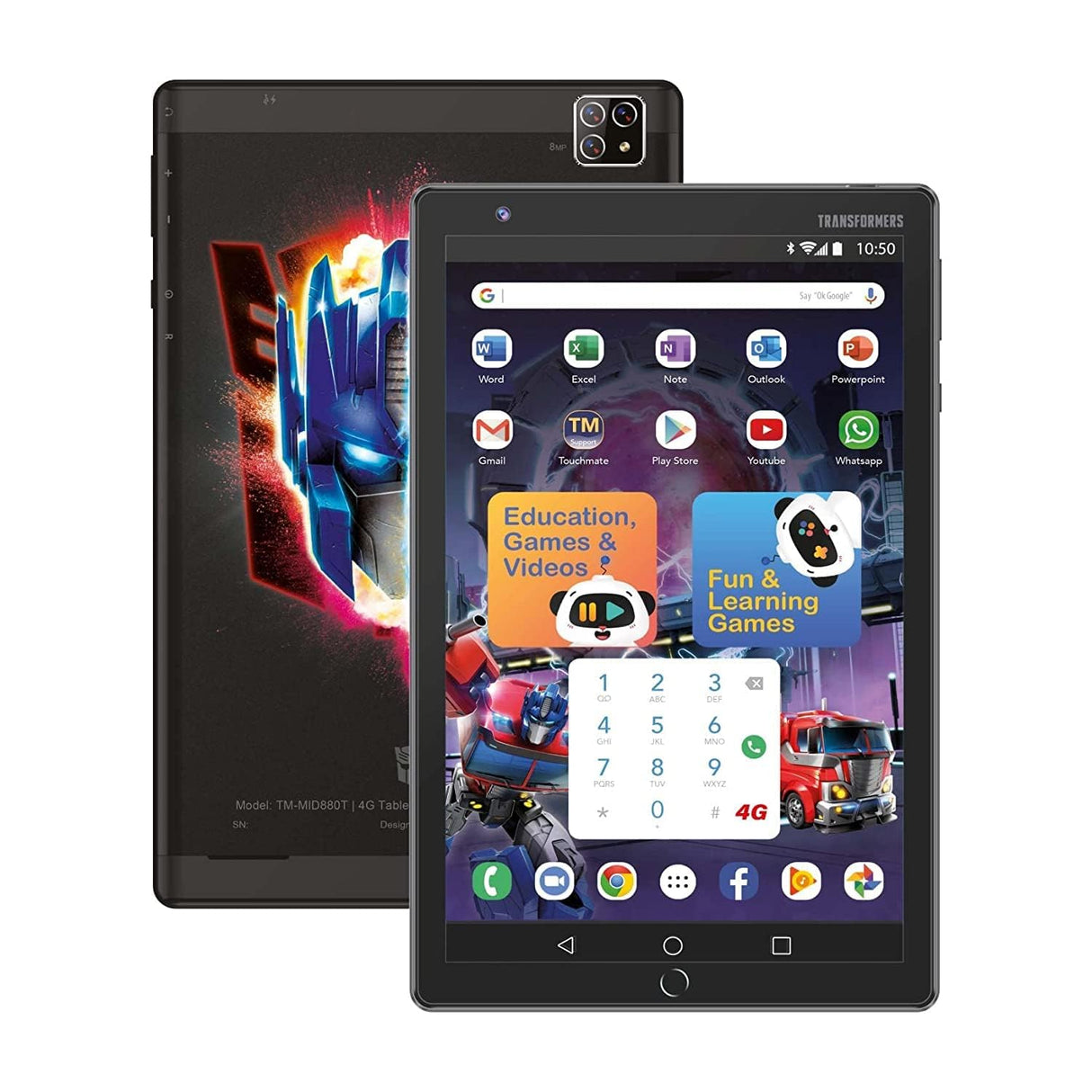 جهاز تابلت تاتش ميت ترانسفورمرز 8 بوصة، ثنائي الشريحة، يدعم شبكات الجيل الرابع، مع إمكانية الاتصال، وذاكرة وصول عشوائي (RAM) سعة 3 جيجابايت، وبرنامج مايكروسوفت أوفيس، ونظام تشغيل أندرويد 12 (TM-MID880T)