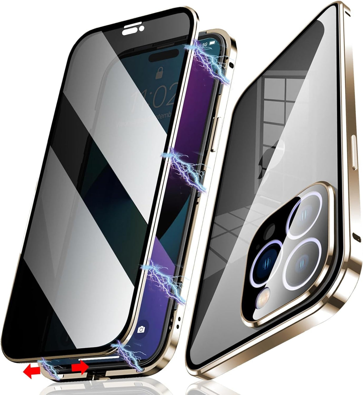 AWH Privacy Magnetic Case for iPhone 15 Pro Max - Privacy Screen and Safety Lock, Anti-Peep Double Sided 9H Glass Magnetic Adsorption Metal Bumper Case (Gold)