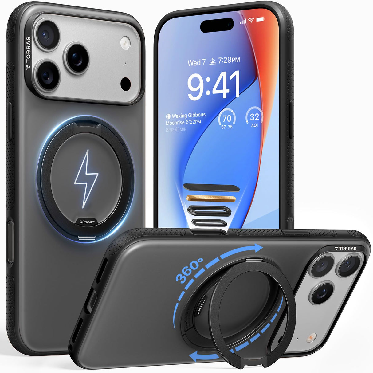 حامل TORRAS دوار 360 درجة لجراب iPhone 17 Pro، متوافق مع Magsafe، حماية من الدرجة العسكرية، قبضة مريحة رفيعة، تحكم في الكاميرا، حامل O3 Fitness 6.3 بوصة، أسود