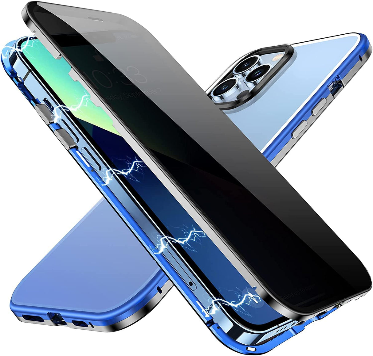جراب YUNQE المغناطيسي للخصوصية لجهاز iPhone 13 Pro، غطاء امتصاص مغناطيسي مزدوج الجوانب مع واقي شاشة مضاد للتجسس وعدسة كاميرا واقٍ كامل الجسم لجهاز iPhone 13 Pro، أزرق وفضي