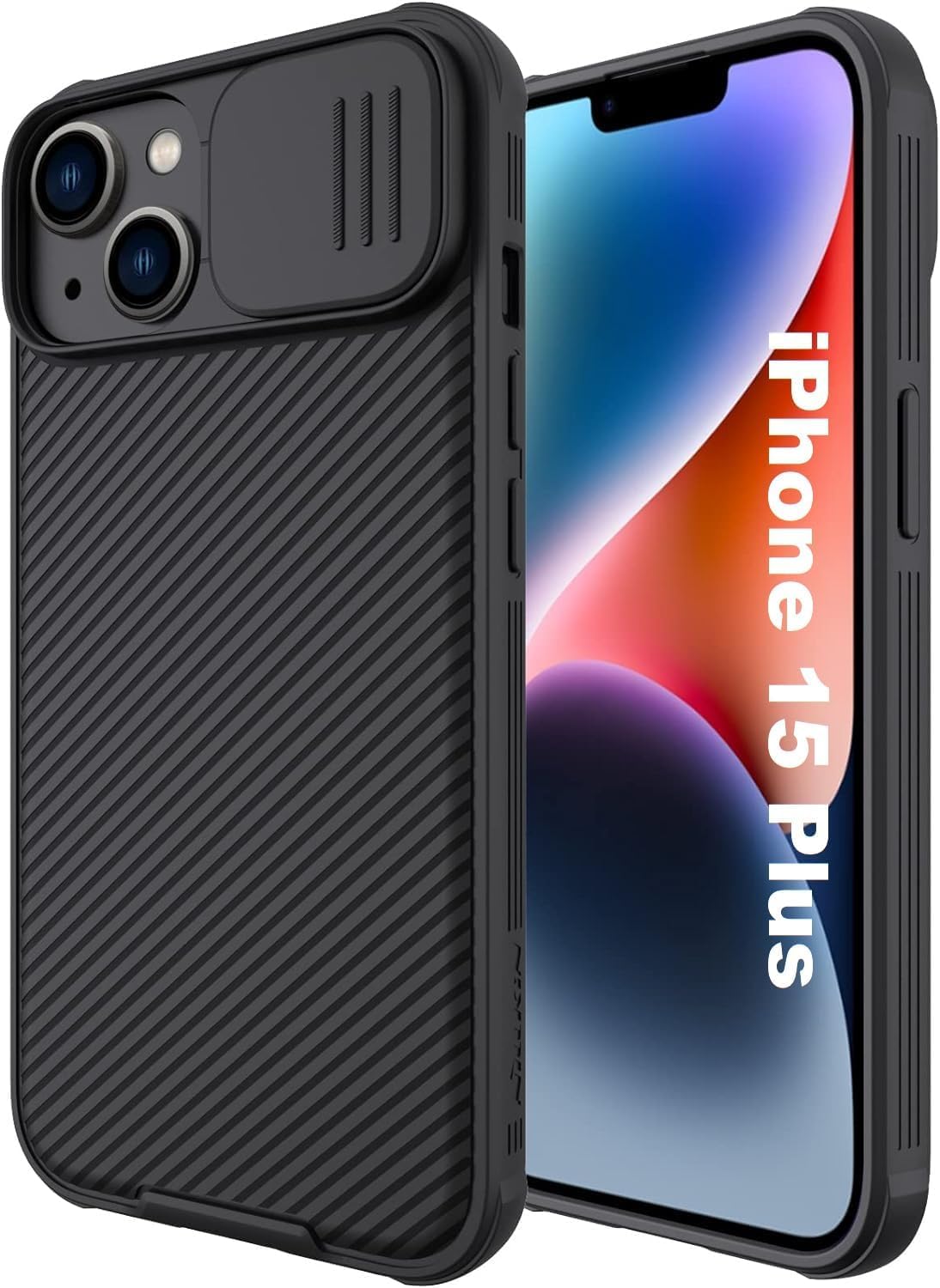 جراب AWH لهاتف iPhone 15 Plus Camshield مع حماية منزلقة لعدسة الكاميرا - غطاء خلفي من البولي كربونات وإطار ممتص للصدمات من مادة TPU مضاد لبصمات الأصابع، جراب ناعم الملمس وحساس (أسود)