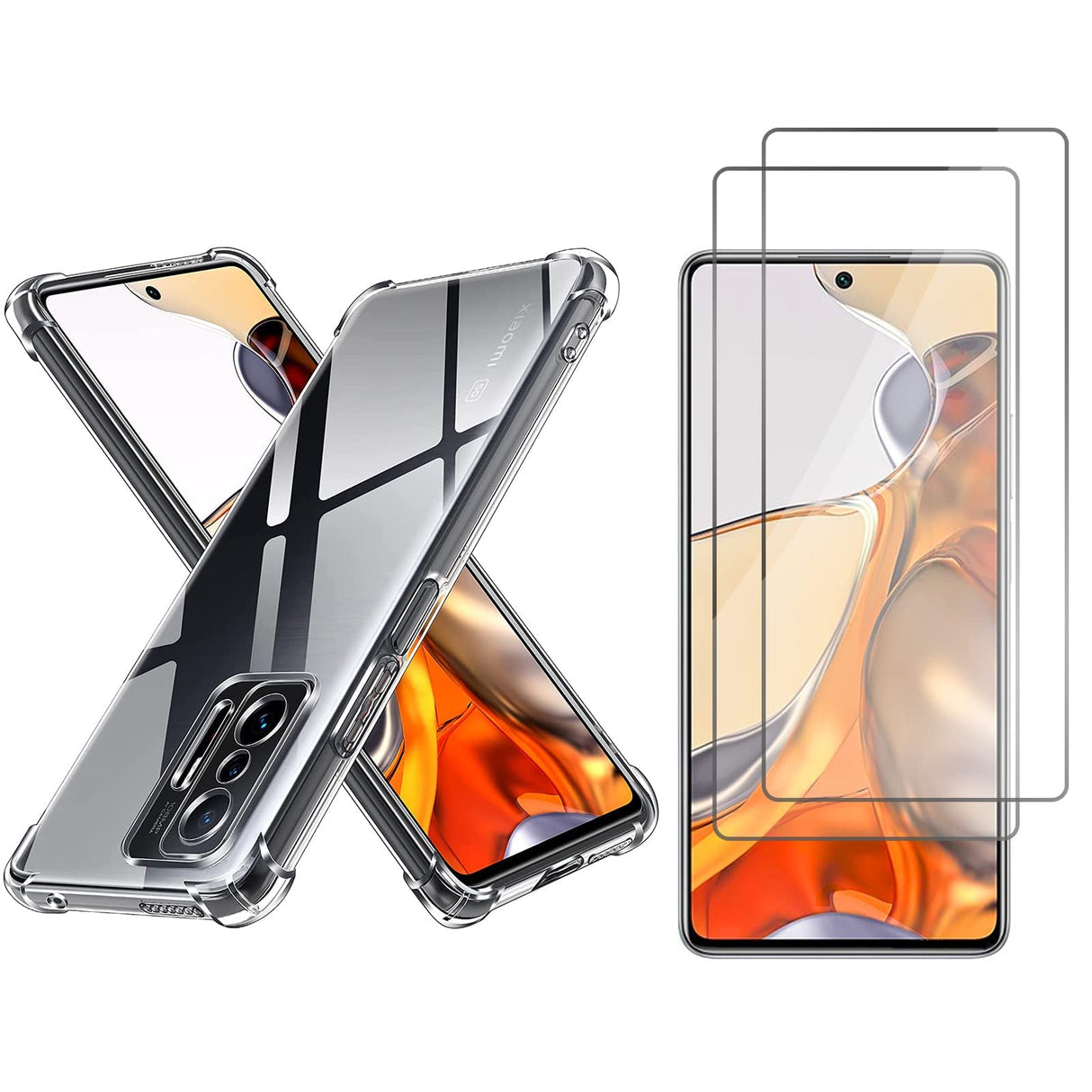 متوافق مع هاتف Xiaomi 11T / 11T Pro، جراب سيليكون شفاف و[عبوة من 2] واقي شاشة شفاف عالي الدقة، خالٍ من الفقاعات، مضاد للخدش، رفيع للغاية، لهاتف Xiaomi Mi 11T / Xiaomi Mi 11T Pro.