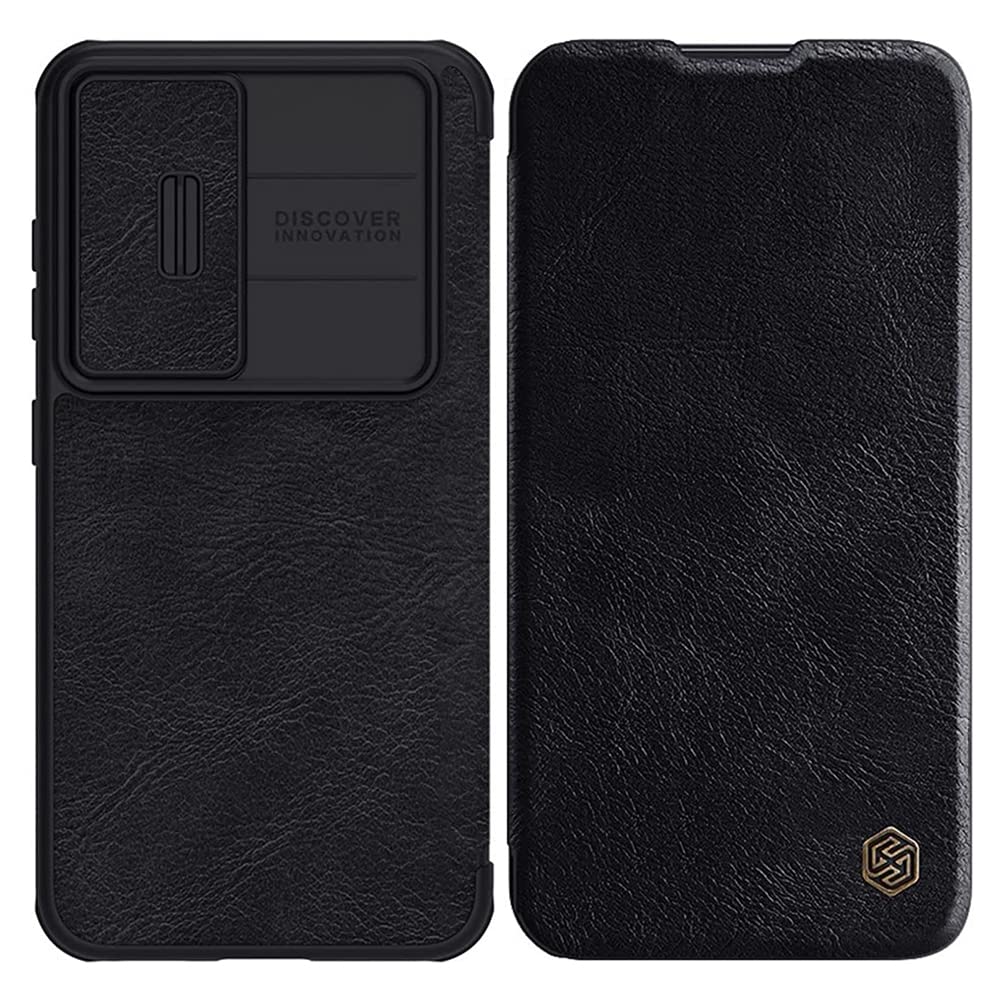 جراب محفظة أساسي من AWH Nillkin مع غطاء للكاميرا وحامل للبطاقات، جراب من جلد البولي يوريثان مع غطاء قلاب لحماية الكاميرا المنزلقة لهاتف Galaxy S23 Plus، أسود (جراب S23 Plus Qin/Flip/Book)