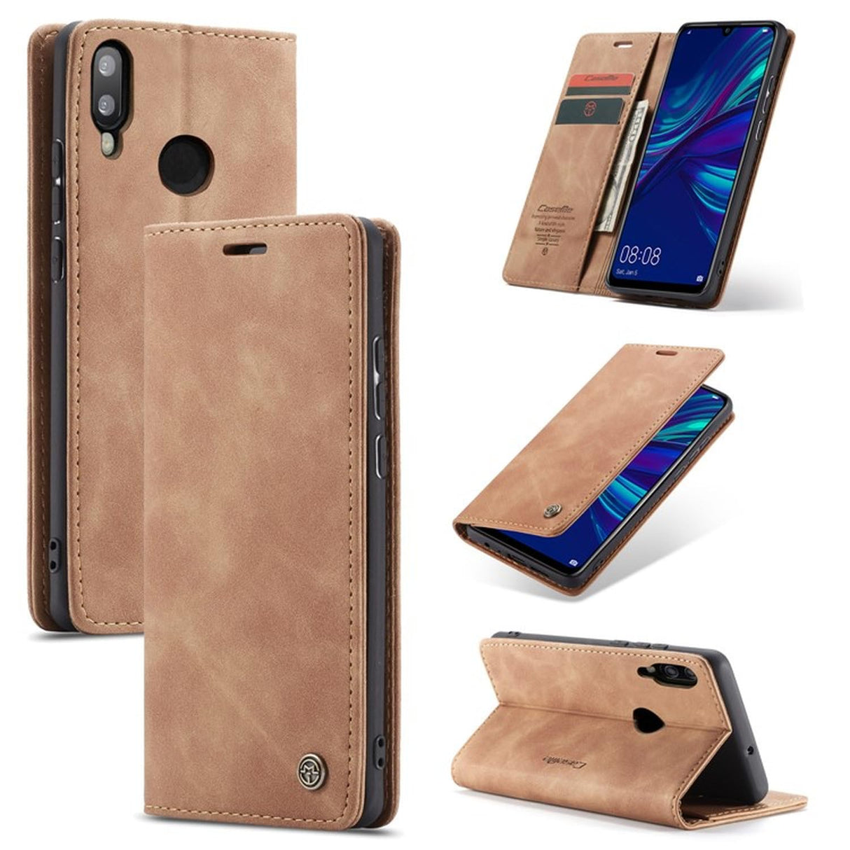 جراب محفظة من الجلد الصناعي من UniqCase مزود بحامل وممتص تلقائيًا لهاتف Huawei P Smart (2019) / Nova Lite 3 (اليابان) - بني