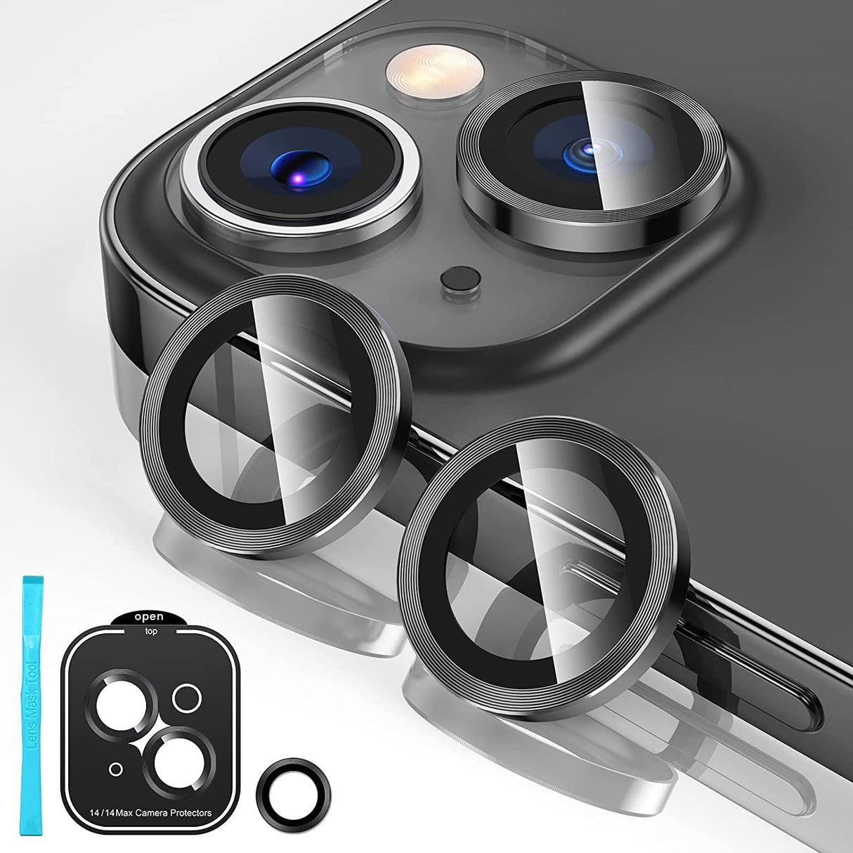 واقي عدسة كاميرا AWH لهاتف iPhone 14/14 Max، غطاء حماية للكاميرا من الزجاج المقوى 9H مع حلقة معدنية فردية لهاتف iPhone 14 6.1 بوصة/iPhone 14Plus 6.7 بوصة 2022 (منتصف الليل)