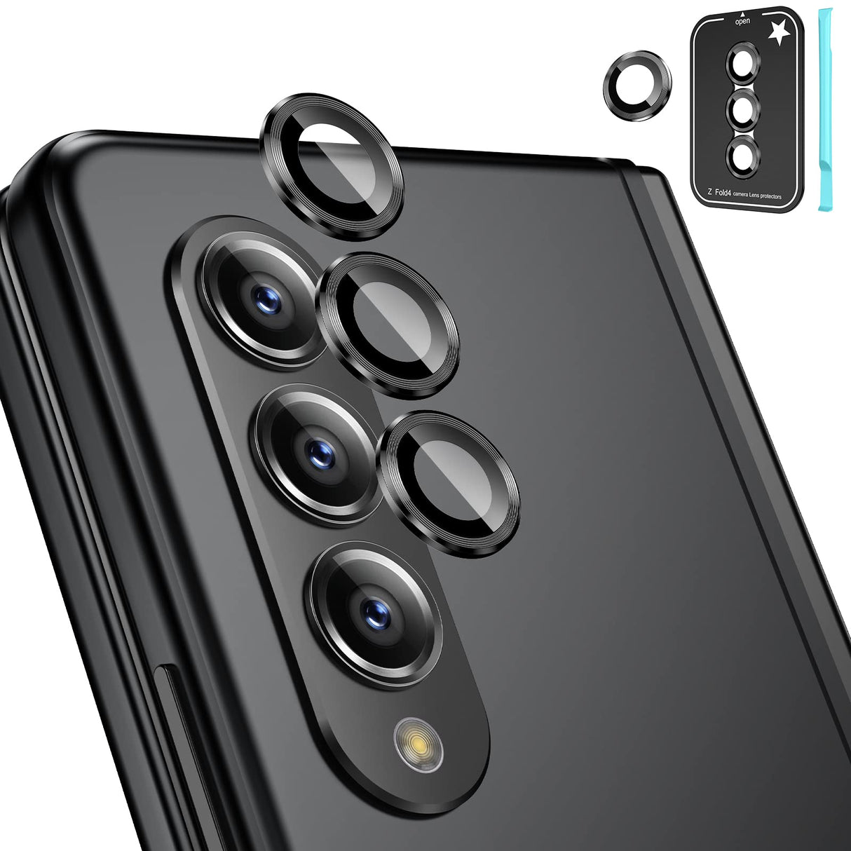 واقي عدسة كاميرا Tensea [3+1 قطعة] لهاتف Samsung Galaxy Z Fold 4، غطاء كاميرا من الزجاج المقوى 9H، واقي شاشة بحلقة معدنية فردية 【مناسب للجراب】【صينية التثبيت】【أداة الإزالة】- أسود