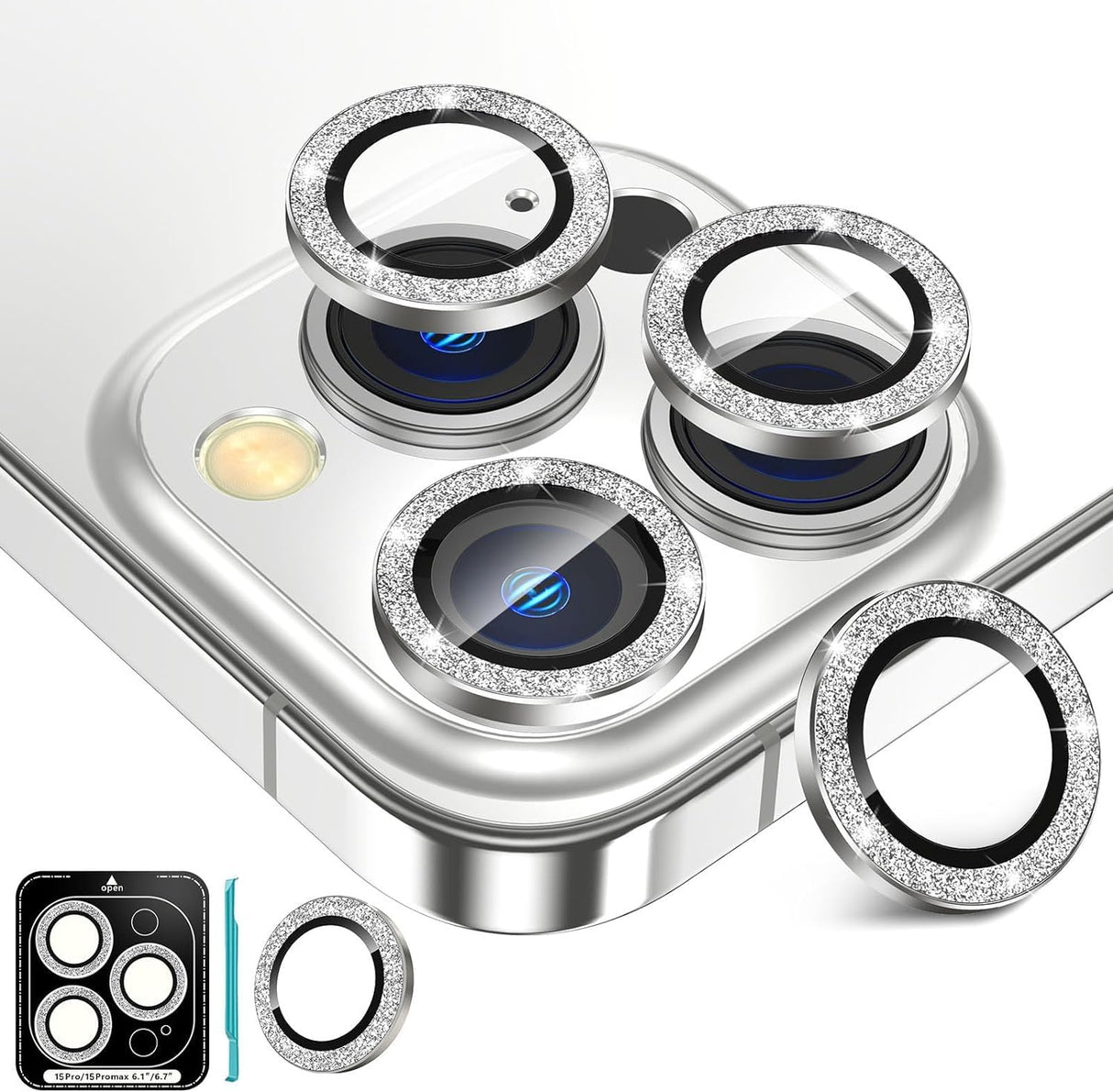 واقي عدسة كاميرا AWH 3+1 لهاتف iPhone 15 Pro/Pro Max - زجاج مقوى 9H، فائق الدقة، غطاء واقي شاشة كاميرا معدني فردي لهاتف iPhone 15 Pro/Pro Max (لامع)