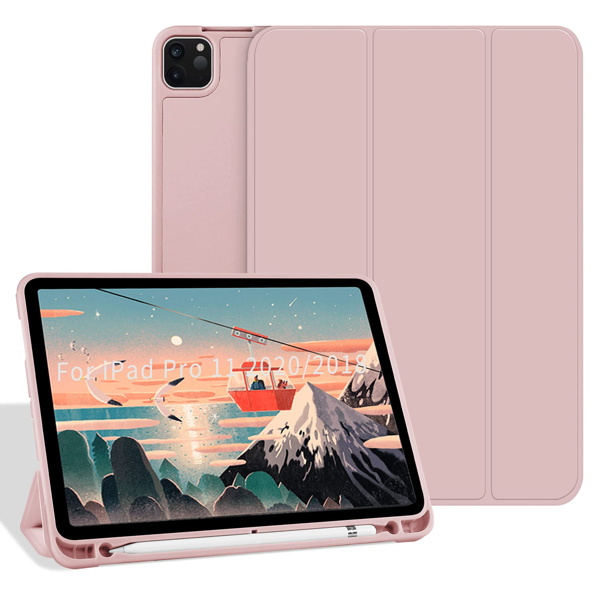 حافظة AWH لجهاز iPad Pro 11 2020 و2018 مع حامل قلم رصاص، حامل ثلاثي الطي رفيع وخفيف الوزن، يدعم إقران قلم Apple، تنبيه/سكون تلقائي لجهاز iPad Pro 11 بوصة (وردي)