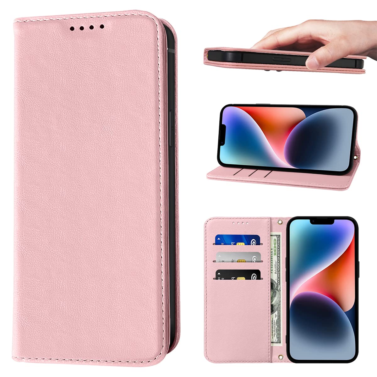 جراب محفظة LANJLM لهاتف iPhone 14 Plus، جرابات هاتف من الجلد الفاخر من البولي يوريثان، غطاء قلاب مغناطيسي مقاوم للصدمات، تصميم كتابي مع ميزة مسند وفتحات للبطاقات، جراب iPhone 14 Plus (6.7 بوصة) - وردي