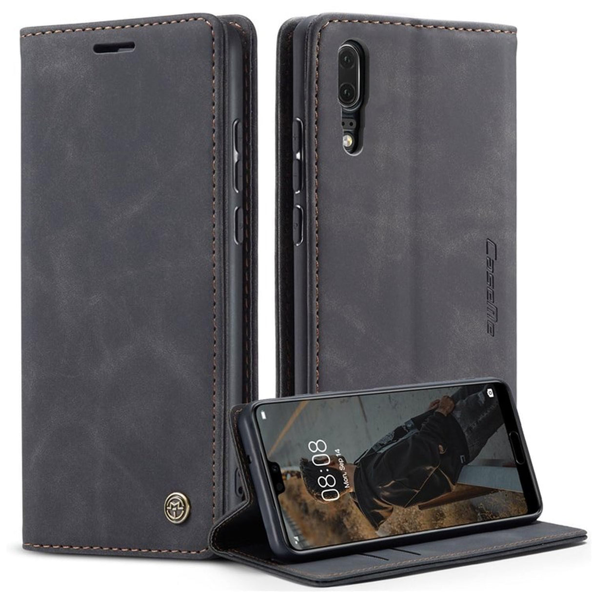 UniqCase لهاتف Huawei P20 غطاء هاتف قابل للطي مع حامل ومحفظة من جلد البولي يوريثان يمتص تلقائيًا - أسود