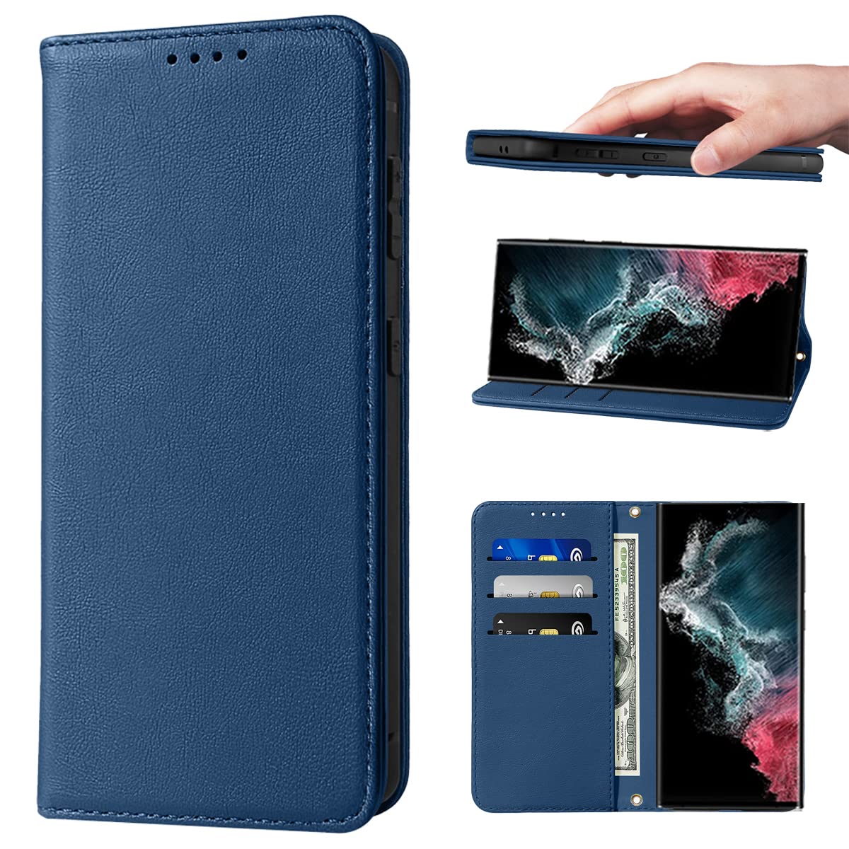 جراب محفظة LANJLM لهاتف Samsung Galaxy S22 Ultra، جرابات هاتف من الجلد الفاخر من البولي يوريثان، غطاء قلاب مغناطيسي مقاوم للصدمات، تصميم كتابي مع ميزة مسند وفتحات للبطاقات، جراب Galaxy S22 Ultra - أزرق