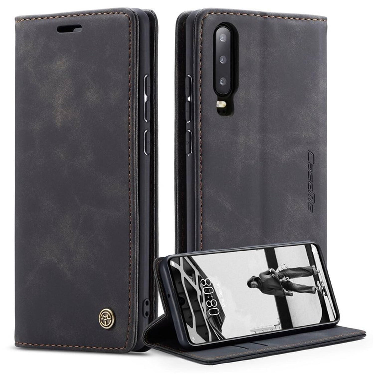 UniqCase لهاتف Huawei P30 غطاء محفظة من الجلد الصناعي المقاوم للصدمات ومضاد للخدش - أسود