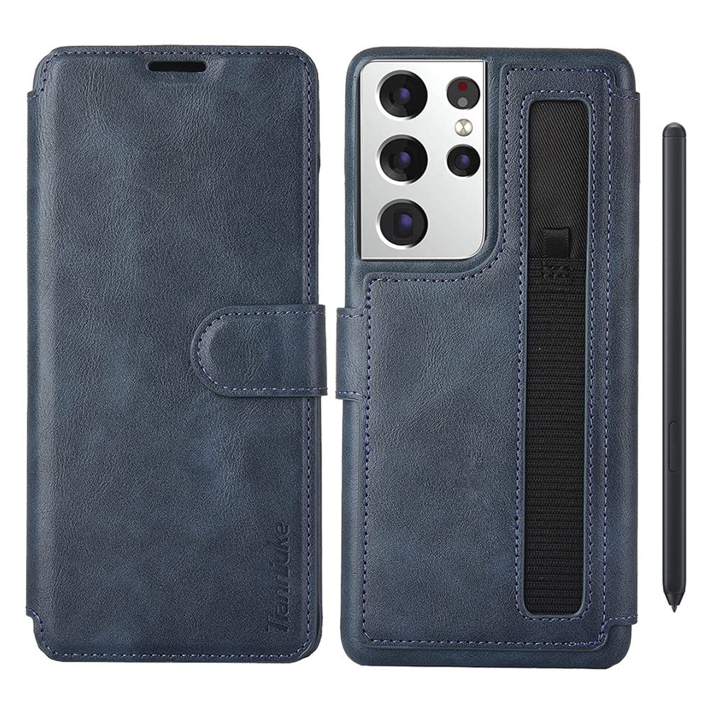 TIANNIUKE for Samsung Galaxy S21 Ultra Case with S Pen, PU Leather Magnetic Cover RFID Blocking Card Slot for Samsung Galaxy S21 Ultra 5G, Blue (S-Pen Included)