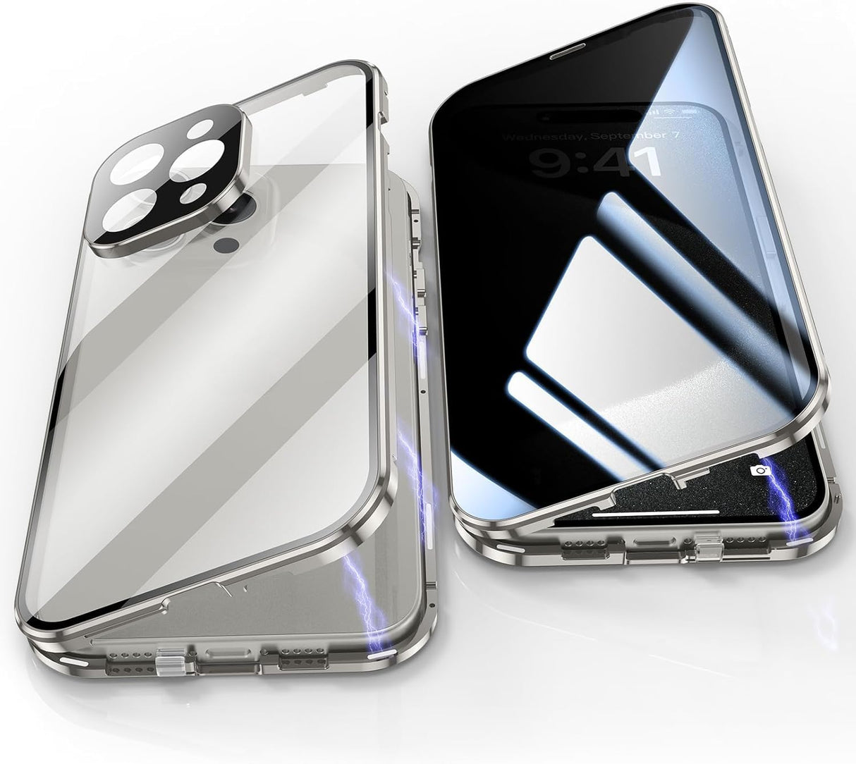 AWH Privacy Magnetic Case for iPhone 15 Pro Max - Privacy Screen and Safety Lock, Anti-Peep Double Sided 9H Glass Magnetic Adsorption Metal Bumper Case (Silver)