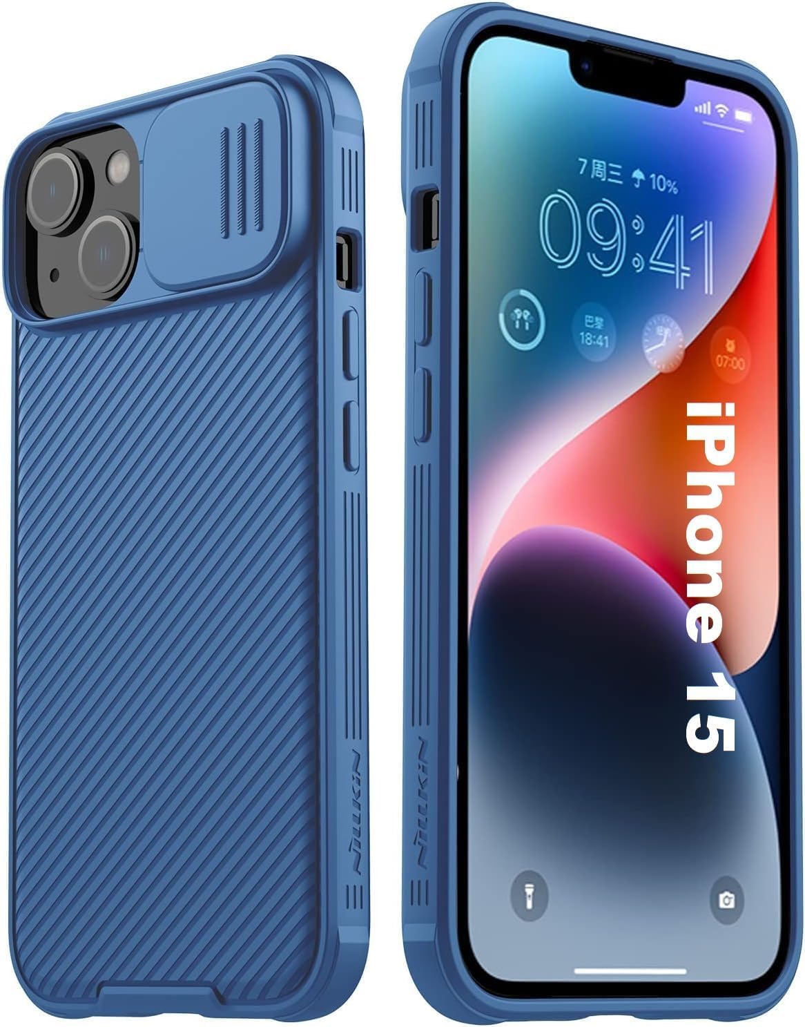 جراب AWH لهاتف iPhone 15 Camshield مع حماية منزلق لعدسة الكاميرا - غطاء خلفي من البولي كربونات وإطار ممتص للصدمات من مادة TPU مضاد لبصمات الأصابع، جراب ناعم الملمس وحساس (أزرق)