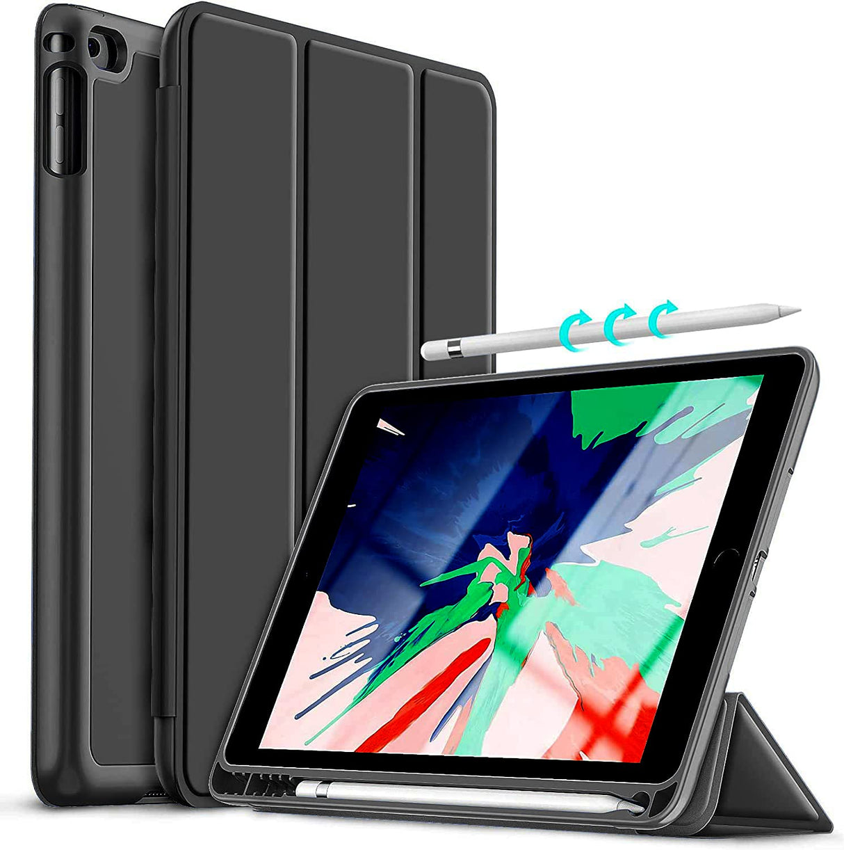 حافظة أقلام Vultic ثلاثية الطي لجهاز iPad 10.2 بوصة 2021/2020/2019 (الجيل التاسع/الثامن/السابع)، حامل ذكي مغناطيسي [وضع السكون/التنشيط التلقائي] غطاء خلفي من السيليكون (أسود)