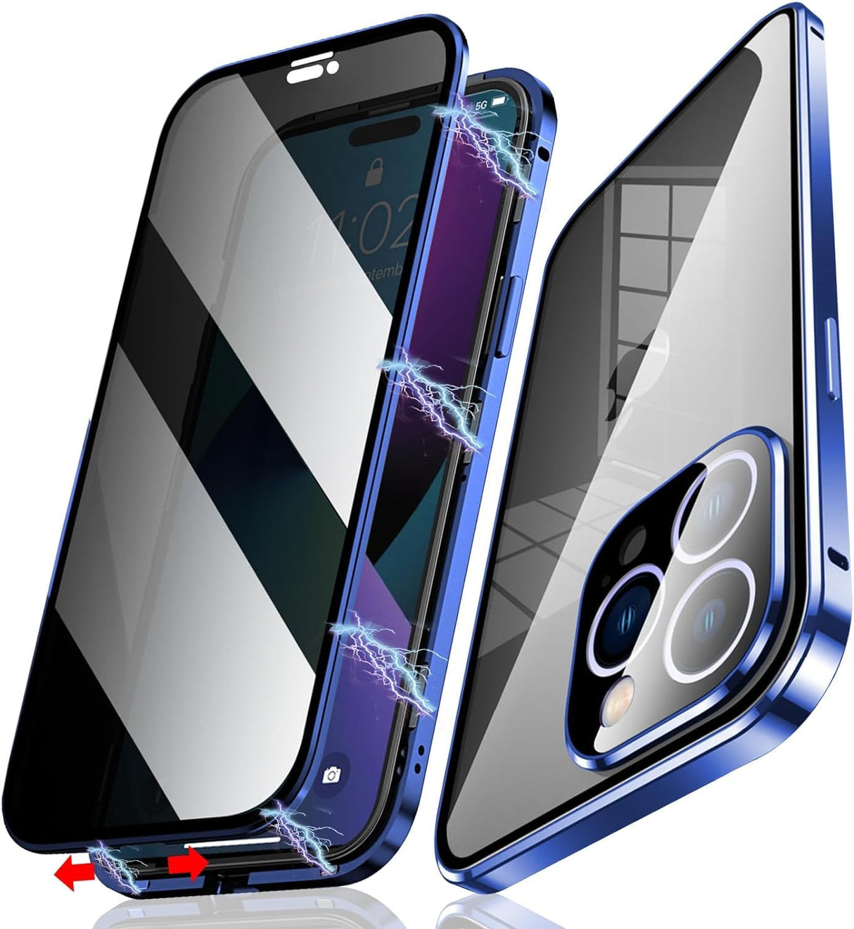 جراب مغناطيسي للخصوصية من AWH لهاتف iPhone 15 Pro Max - شاشة خصوصية وقفل أمان، جراب معدني مزدوج الجوانب مضاد للتجسس 9H زجاجي مغناطيسي (أزرق)