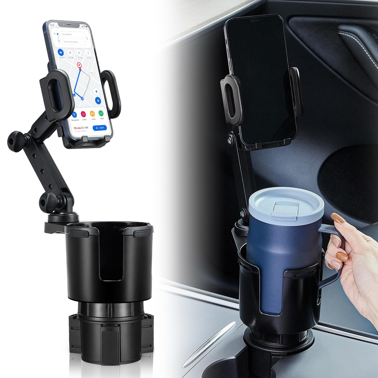 THIS HILL Car Cup Holder Expander Adjustable Base with Phone Mount 360° Rotation Cup Holder Cell Phone Holder for Car Compatible with iPhone/Samsung All Smartphones