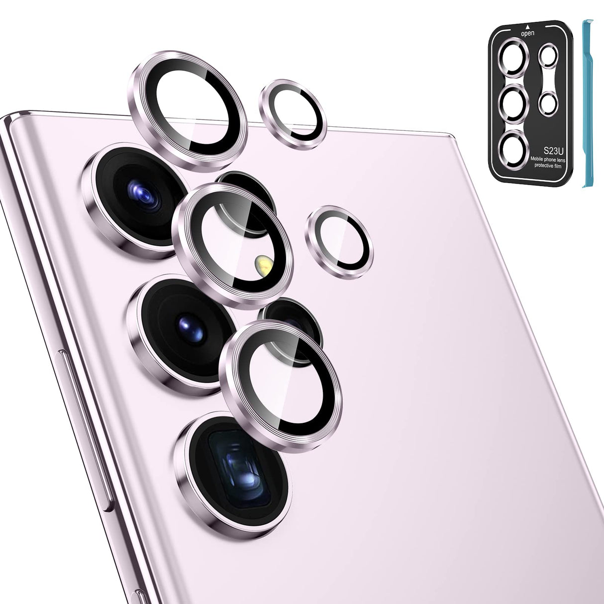 Tensea (3+2PCS for Samsung Galaxy S23 Ultra 5G Camera Lens Protector, 9H Tempered Glass Camera Cover Screen Protector Metal Individual Ring [Installation Tray][Removal tool][Case Friendly]- Lavender