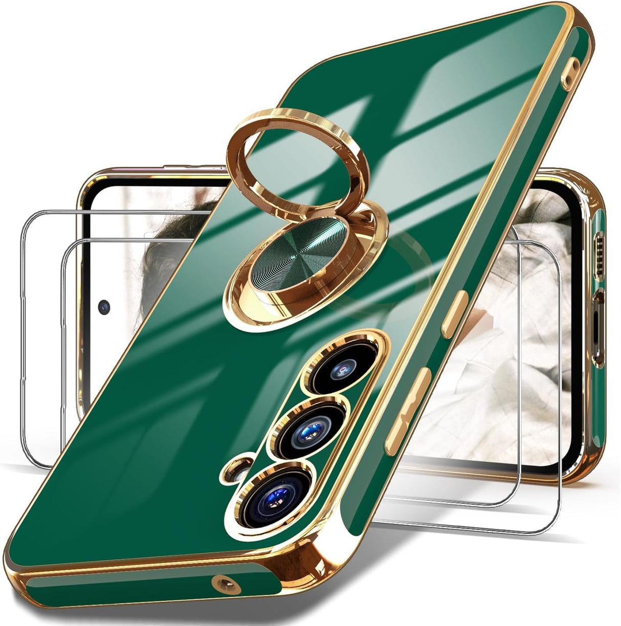 AWH S23 FE 5G Case - 2X Tempered Glass Screen Protector - 360° Rotatable Ring Holder Magnetic Kickstand, Plated Gold Edge Slim Soft TPU Protective Phone Case Cover (Green)