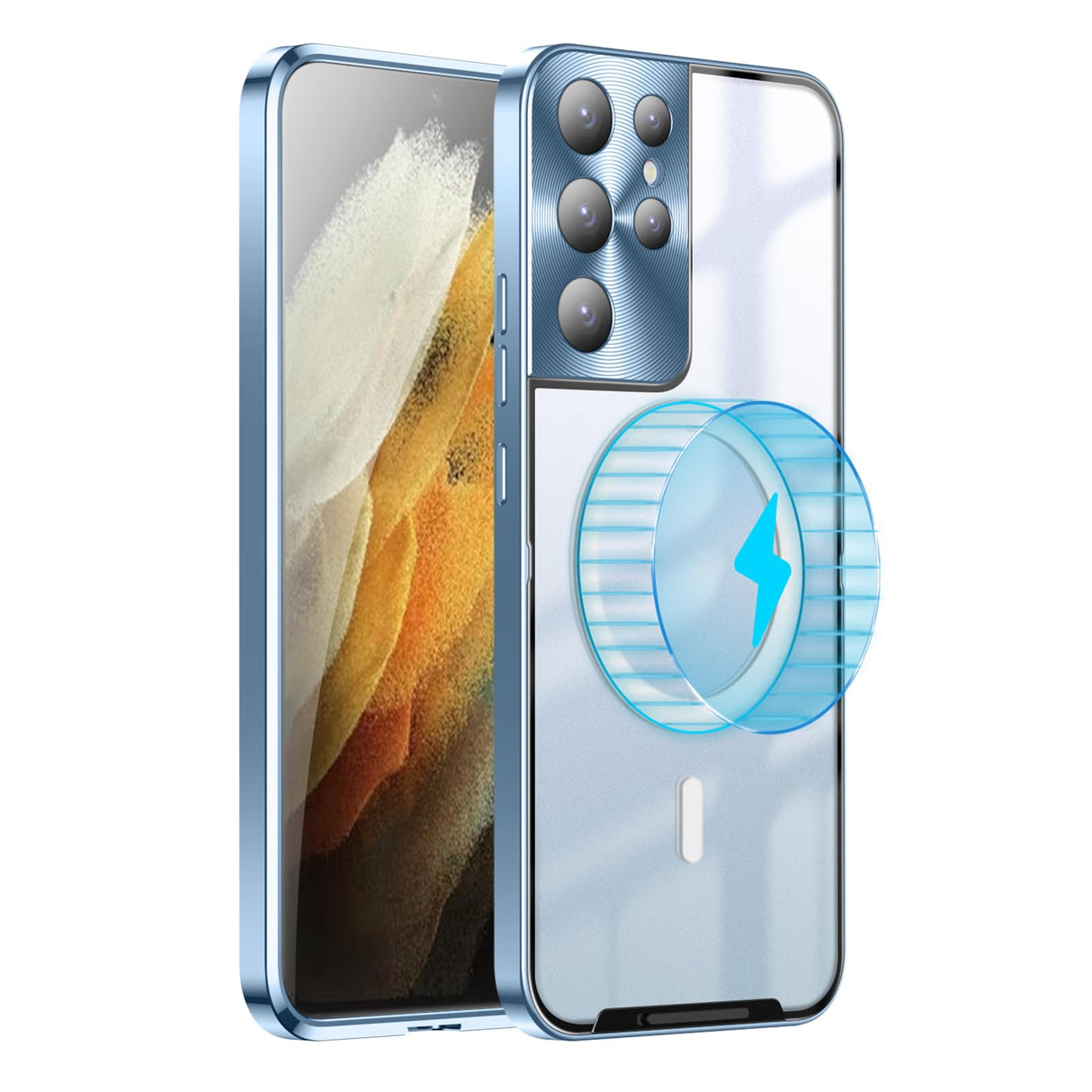 Tffozssi Case for Samsung Galaxy S21 Ultra, Compatible with Magsafe Magnetic Adsorption Metal Bumper Back Frosted PC Cover, Blue