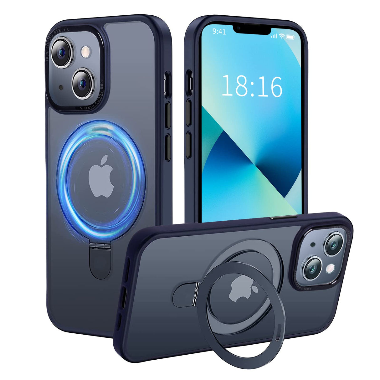 UCHUANG for iPhone 13 Case with Magnetic Invisible Stand Cover Shockproof and Anti-Yellow Slim Thin Translucent Matte Protective Magsafe Case for Apple iPhone 13 6.1 inch - Navy Blue