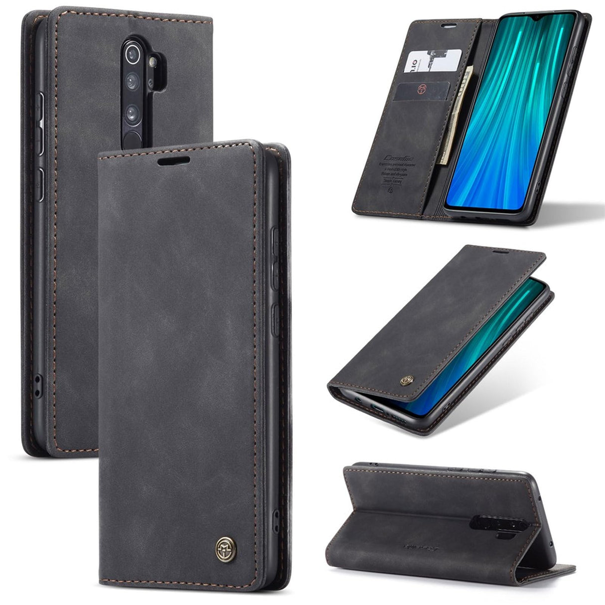 جراب محفظة جلدي من UniqCase قابل للامتصاص تلقائيًا لهاتف Xiaomi Redmi Note 8 Pro - أسود