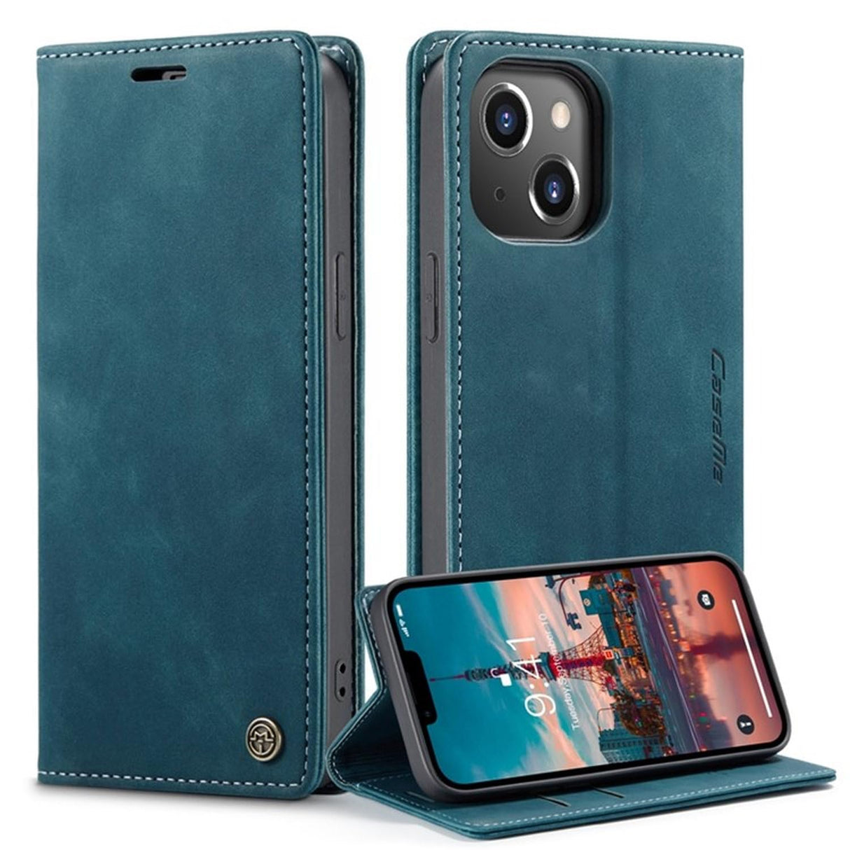 UniqCase لهاتف iPhone 14 Plus مقاس 6.7 بوصة، جراب قلاب مقاوم للصدمات مصنوع من جلد البولي يوريثان المقاوم للتآكل مع حامل مغناطيسي وغطاء ممتص تلقائيًا - أزرق وأخضر