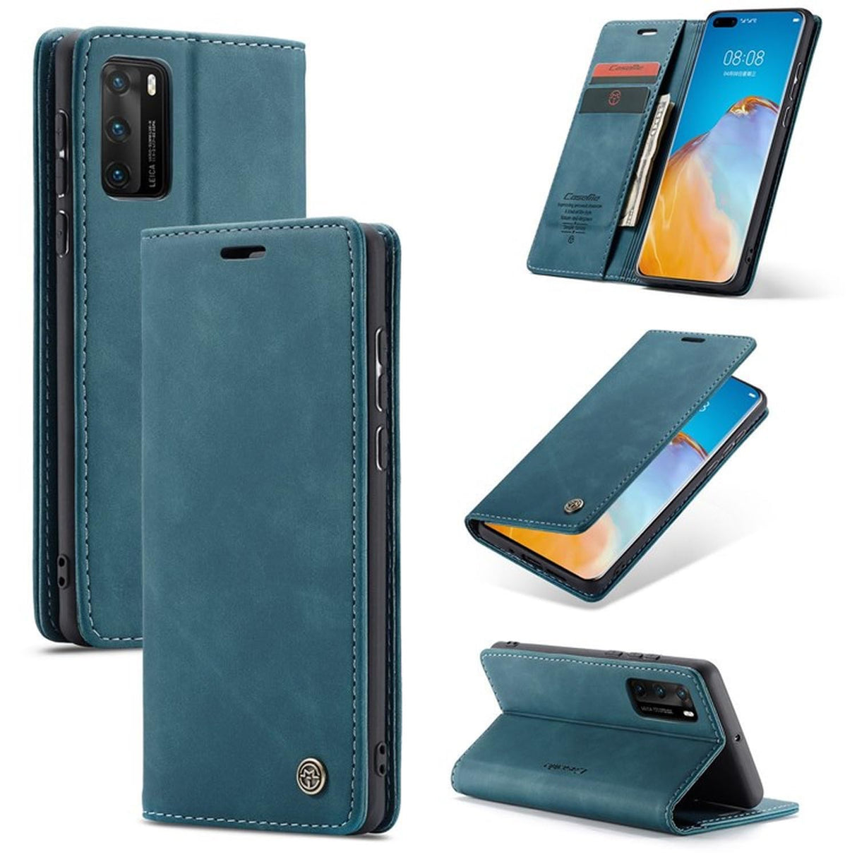 UniqCase لهاتف Huawei P40 جراب هاتف مغناطيسي من جلد البولي يوريثان + حامل محفظة من مادة TPU - أزرق