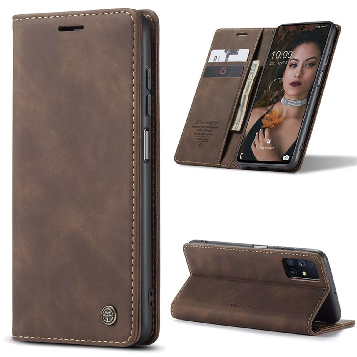 جراب هاتف محمول من UniqCase لهاتف Samsung Galaxy A13 4G، محفظة من جلد البولي يوريثان بتصميم مغناطيسي وفتحات للبطاقات وحامل - لون القهوة