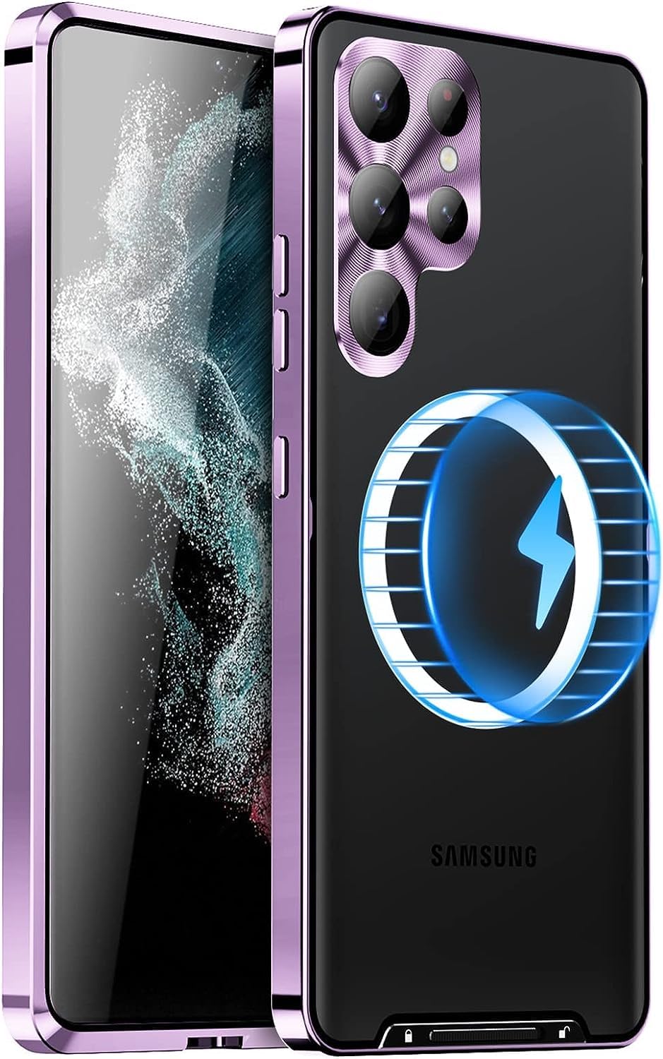 جراب معدني AWH لهاتف Samsung S23 Plus 5G - متوافق مع شاحن Ma-g-Safe اللاسلكي - ظهر شفاف غير لامع مع حماية عدسة الكاميرا، غطاء مغناطيسي لهاتف Galaxy S23 Plus (أرجواني)