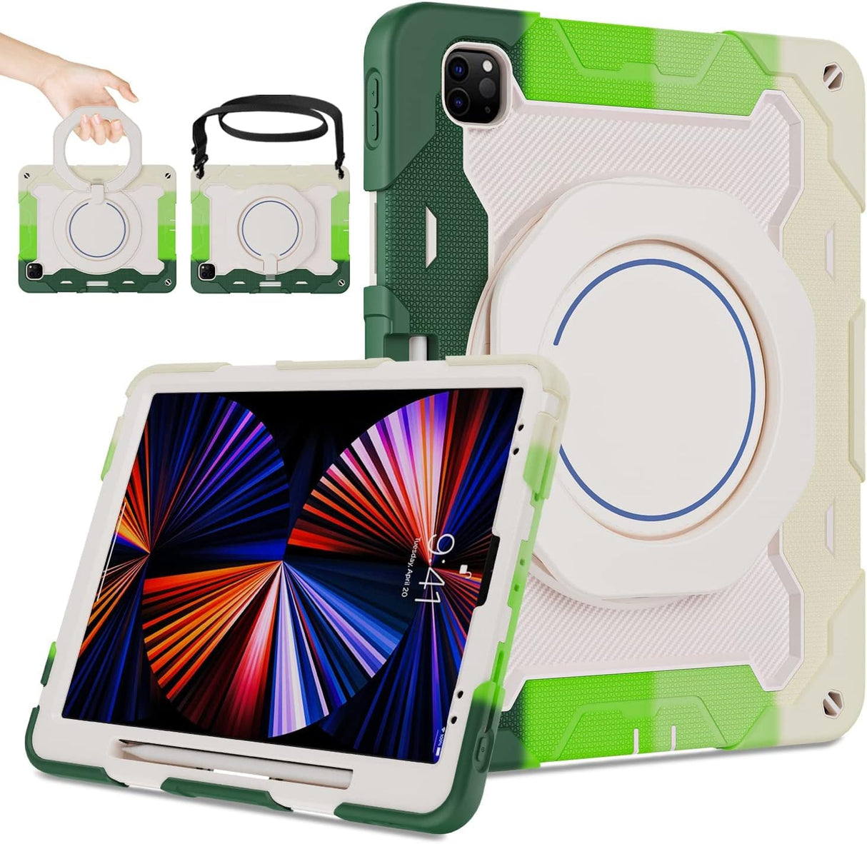 YIMICO for iPad Pro12.9 inch (2022/2021/2020/2018) Case for Kids,with Pencil Holder,Shockproof Rugged Protective Cover with 360 Stand (Rainbow Green, iPad 12.9 Pro12.9 inch (2022/2021/2020/2018))