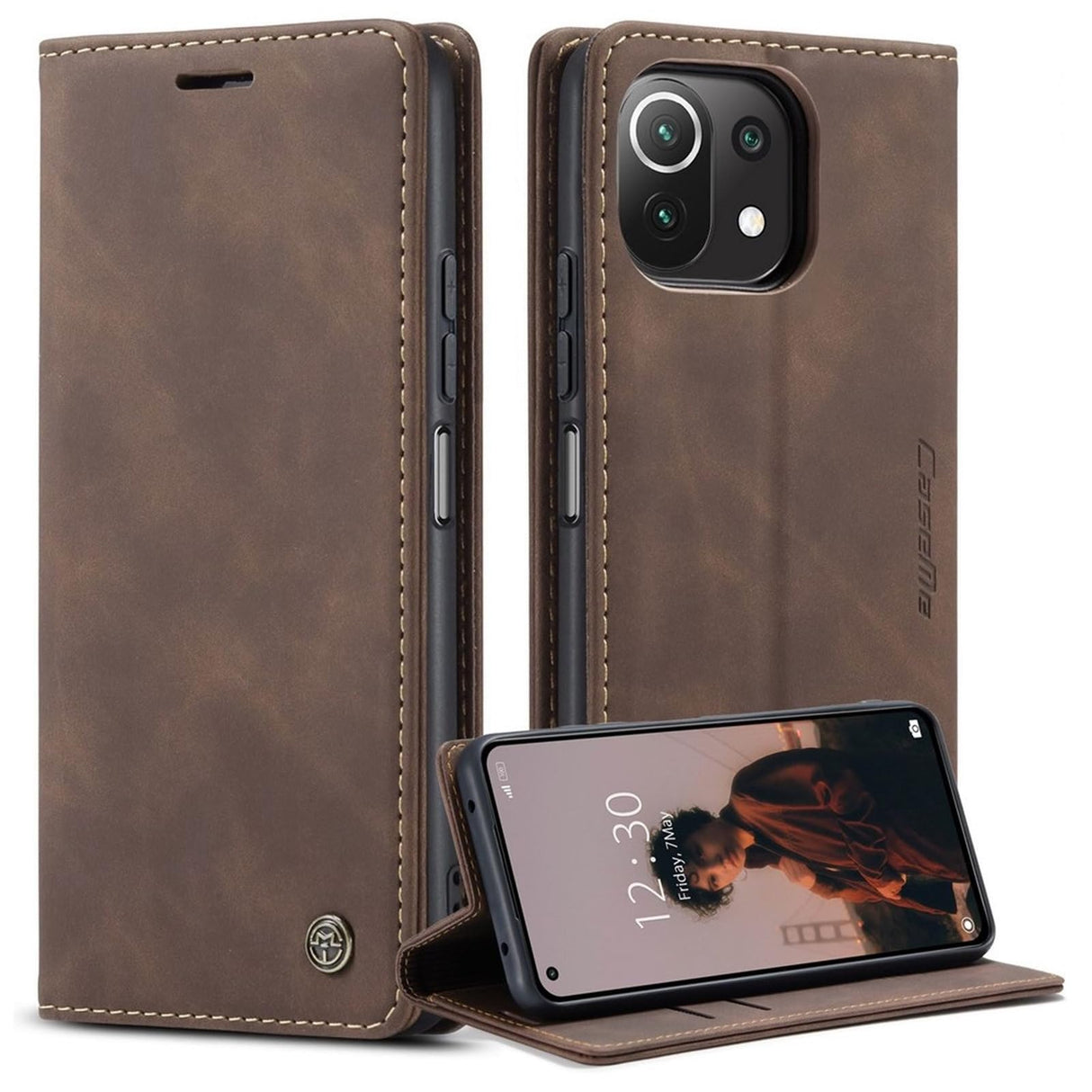 جراب محفظة جلدي بتصميم بسيط وشفط تلقائي من UniqCase لهاتف Xiaomi Mi 11 Lite 4G / 5G / 11 Lite 5G NE - لون القهوة