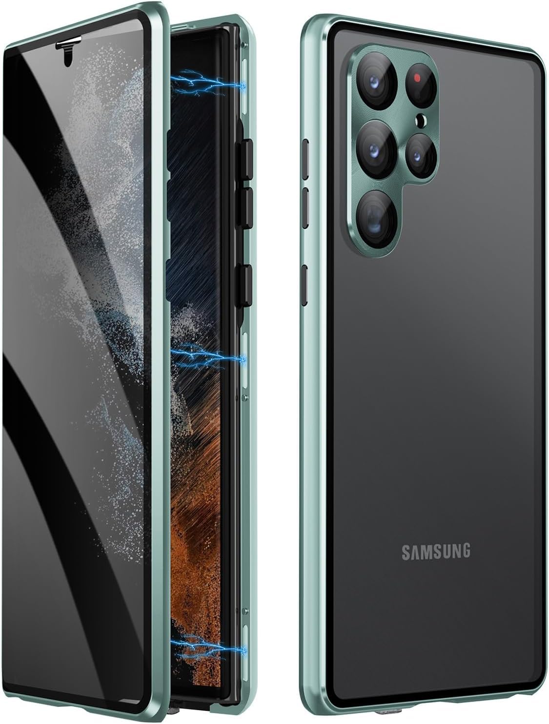 جراب مغناطيسي للخصوصية من AWH لهاتف S24 Ultra - جراب زجاجي مزدوج الجوانب مضاد للتجسس مع قفل أمان لحماية العدسة، يدعم الشحن اللاسلكي جراب سري لهاتف S24 Ultra (أزرق)