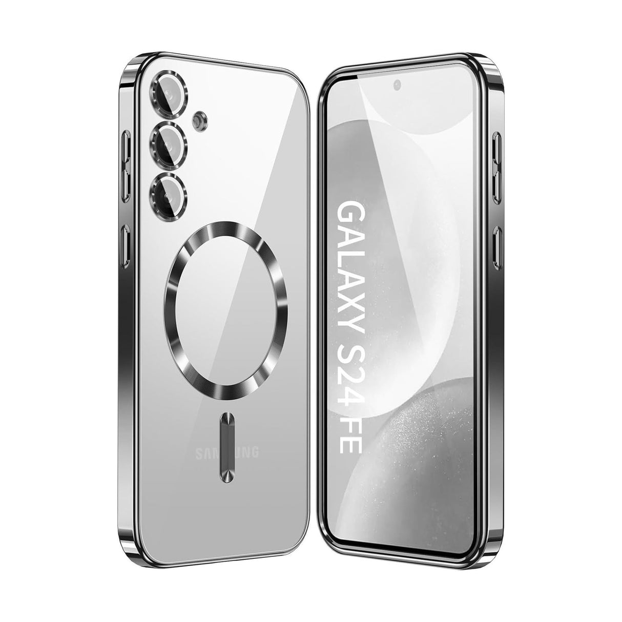 غطاء BURAQ المطلي بالكهرباء المصنوع من مادة TPU الآمنة لجهاز Samsung Galaxy S24 FE، غطاء حماية كامل لعدسة الكاميرا، جراب شحن لاسلكي بنسيج CD، جراب ناعم من مادة TPU بحواف فضية لهاتف Samsung Galaxy S24 FE