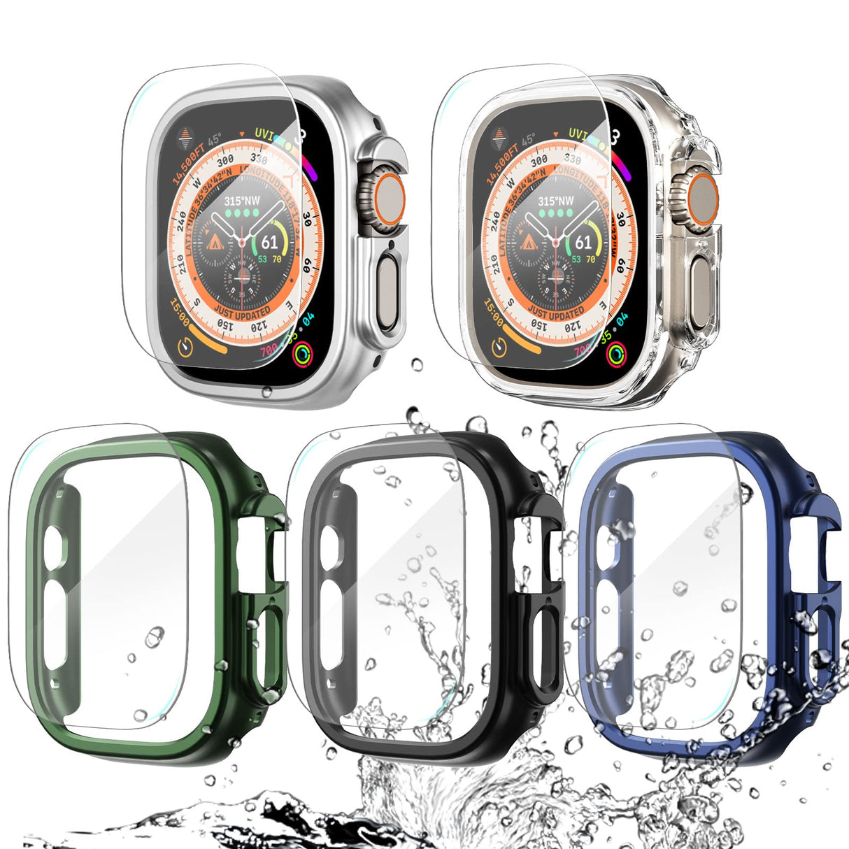 جراب WINGLE المقاوم للماء لساعة Apple Watch Ultra واقي شاشة 49 مم مع غطاء واقٍ من الزجاج المقوى، [5+5 عبوات] 2 في 1 إطار حماية كامل من البولي كربونات الصلب لساعة iWatch Ultra مقاس 49 مم جراب للرجال