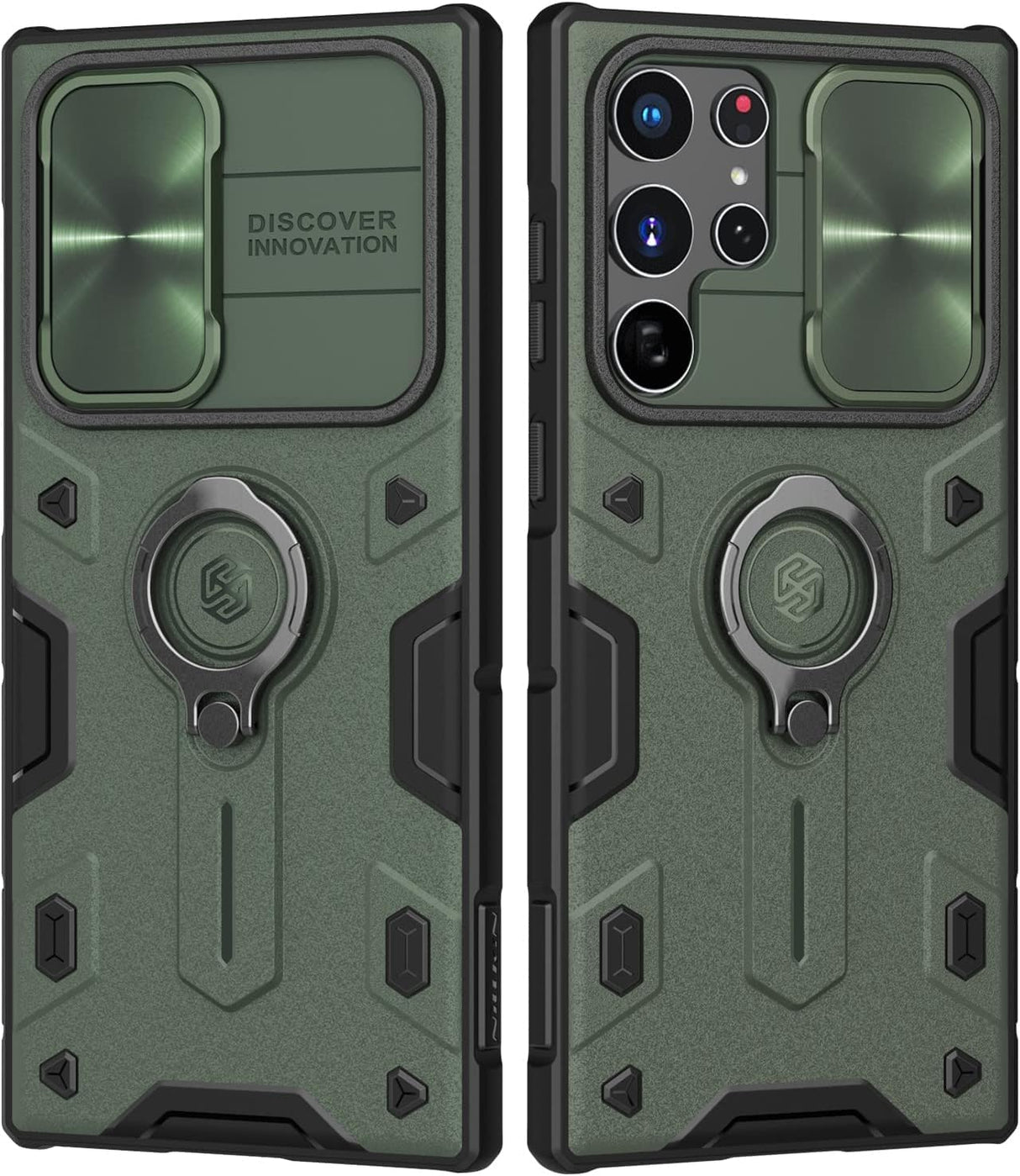 جراب AWH S22 Ultra - جراب CamShield Armor مع غطاء كاميرا وحامل لهاتف Galaxy S22 Ultra 5G مقاس 6.8 بوصة - هيكل واقٍ متين (أخضر)