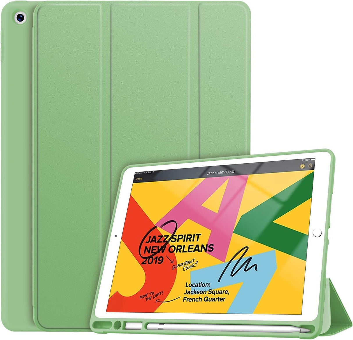جراب AWH لجهاز iPad من الجيل السابع/الثامن/التاسع - متوافق مع جهاز iPad مقاس 10.2 بوصة - جراب iPad مقاس 10.2 بوصة مع حامل قلم، غطاء ذكي خفيف الوزن مع ظهر ناعم من مادة TPU - وضع السكون/التنشيط التلقائي - أخضر فاتح