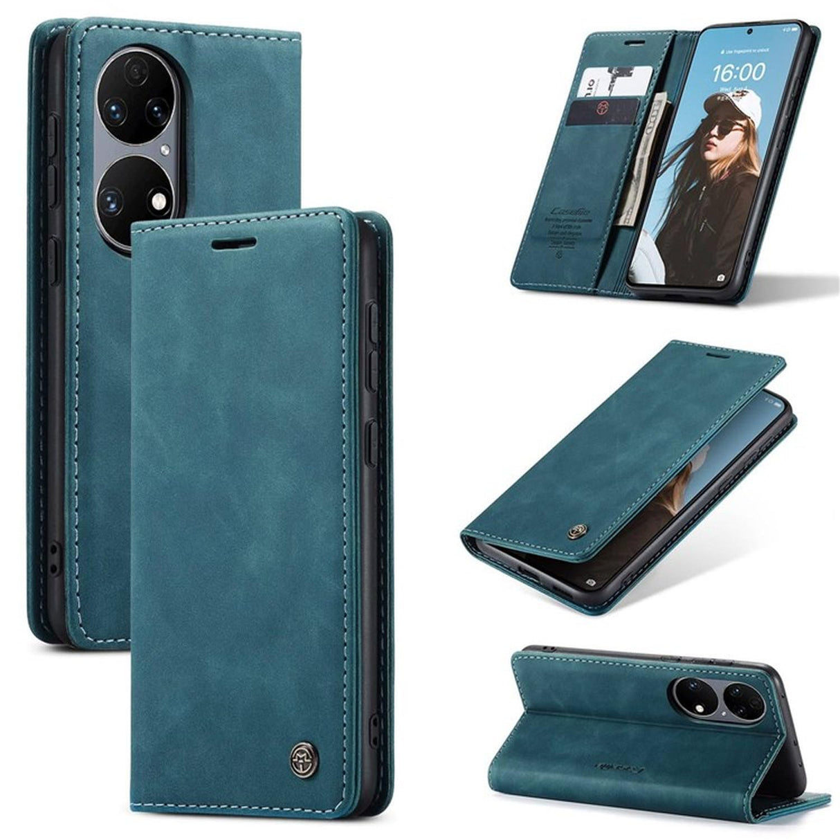 UniqCase لهاتف Huawei P50 حافظة جلدية PU قابلة للطي مع حامل مغناطيسي وغطاء قلاب يمتص تلقائيًا - أزرق