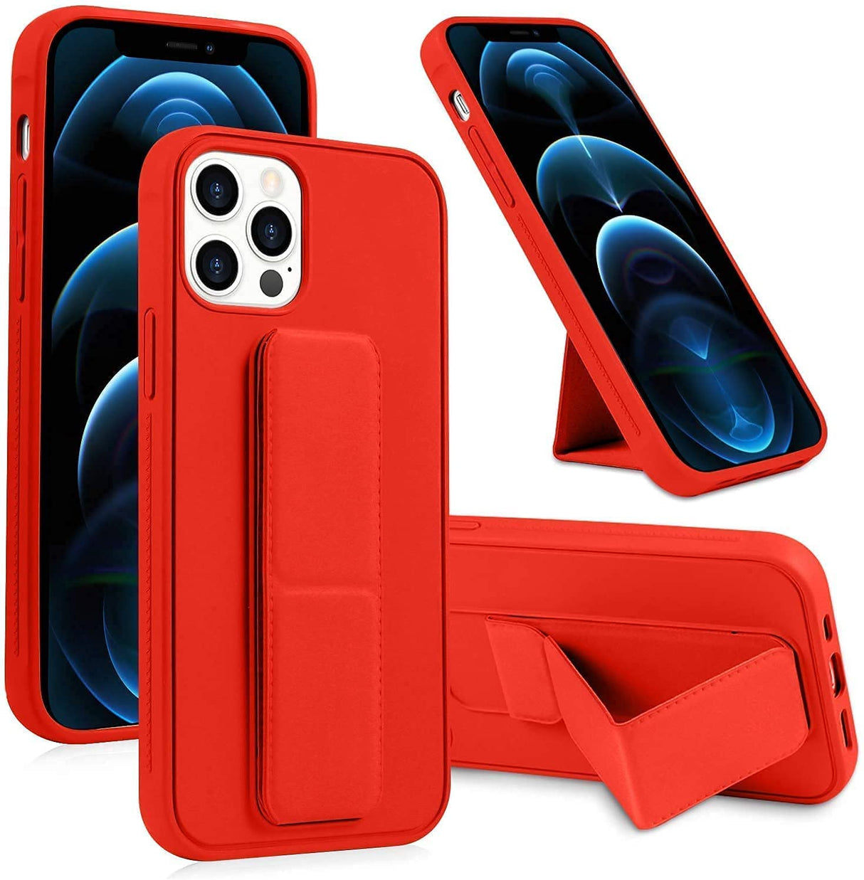 جراب YU WELL لهاتف iPhone 13 pro max مقاس 6.7 بوصة مع حامل مغناطيسي وحامل، وحزام يد رأسي وأفقي من السيليكون الفاخر وقبضة وحامل متعدد، وحافظة تثبيت على السيارة وحزام للإصبع (أحمر)