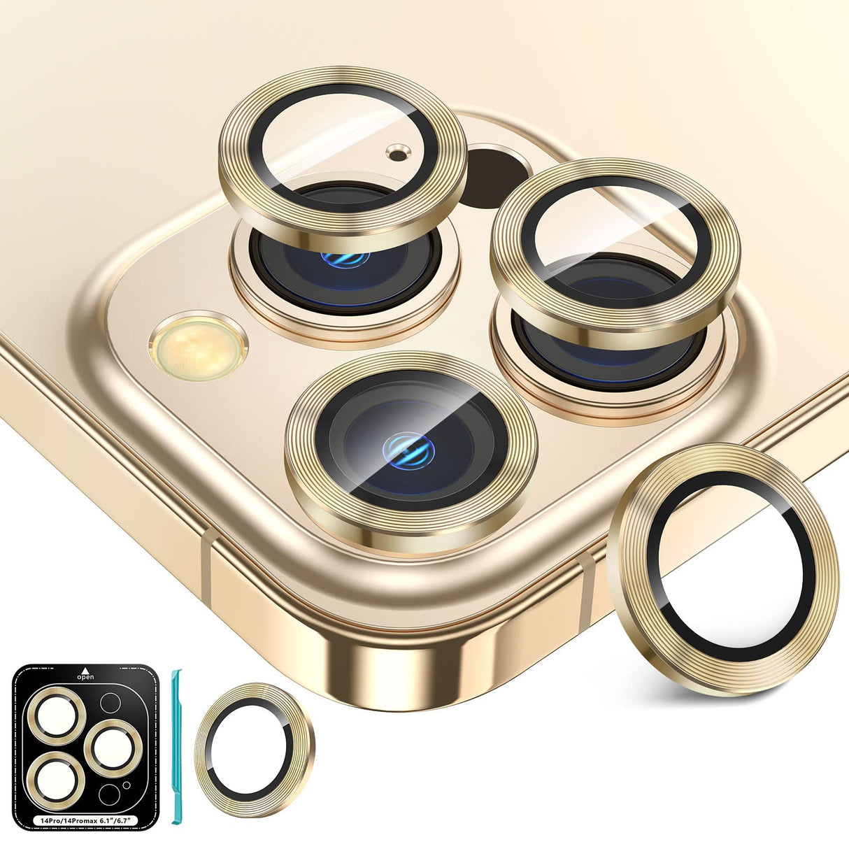 [3+1] for iPhone 14 Pro Max/iPhone 14 Pro Camera Lens Protector, 9H Tempered Glass [Anti Scrach] [Ultra HD] Metal Individual Ring Camera Screen Protector Cover for iPhone 14 Pro/Pro Max,Gold