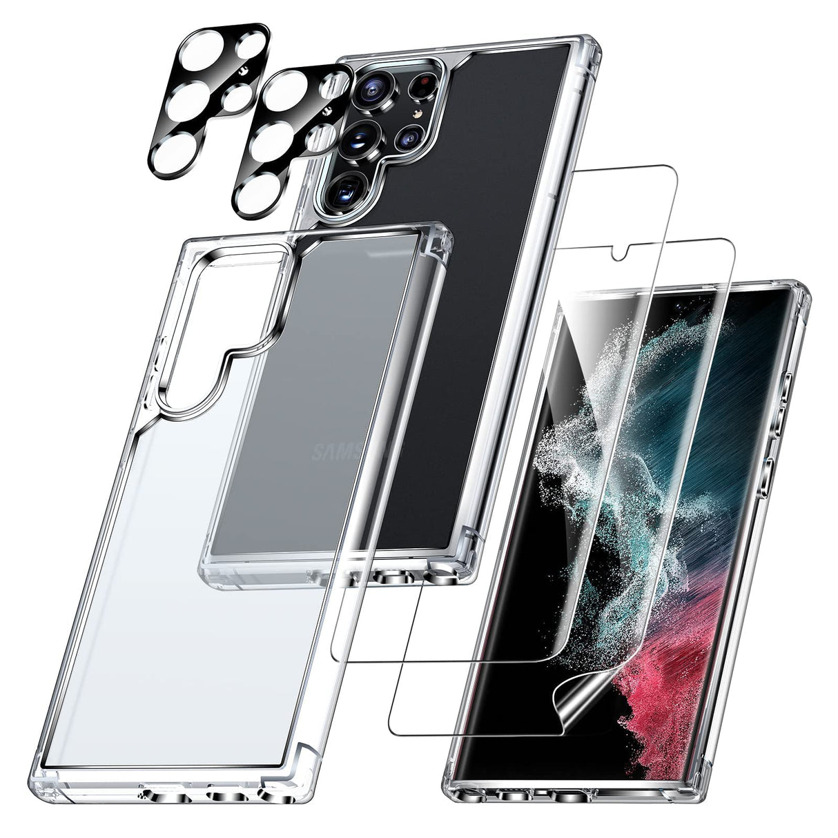 [5 في 1] جراب لهاتف Samsung S23 Ultra، قطعتان من واقي عدسة الكاميرا + قطعتان من واقي الشاشة الناعم، لمسة نهائية غير لامعة، حماية شاملة، مقاوم للصدمات، طقم مضاد للخدوش لهاتف S23 Ultra 5G (S23 Ultra، شفاف)
