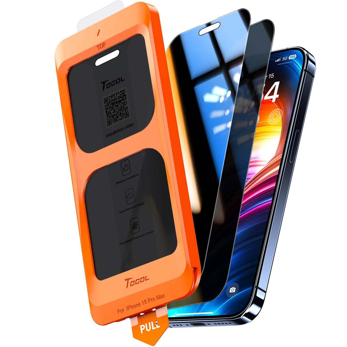 TOCOL 2 Pack for iPhone 15 Pro Max Screen Protector Privacy 6.7 Inch, 25° Anti-Spy Full Coverage 9H Hardness Military Grade Shatterproof Tempered Glass, Auto Alignment Kit Bubble Free, Case Friendly