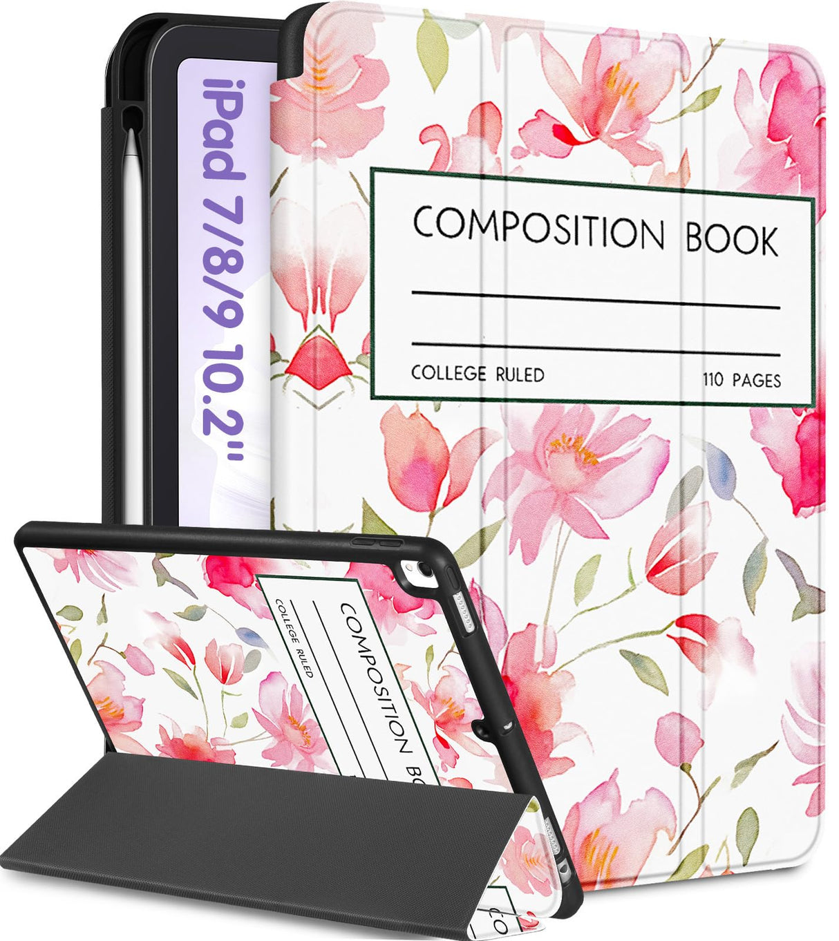 جراب Uppuppy لجهاز iPad من الجيل التاسع/الثامن/السابع مقاس 10.2 بوصة للفتيات والنساء اللطيفات، جراب ذكي قابل للطي مع حامل أقلام ودفتر ملاحظات بتصميم جمالي زهري، جرابات للفتيات المراهقات من نوع Kawaii لأجهزة iPad من الجيل 7/8/9 A2602 A2270 A2197